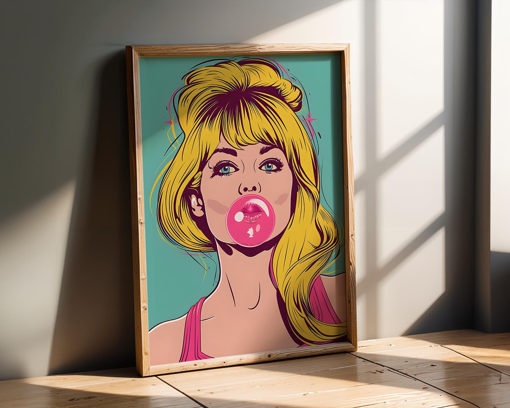 Modern Pop Art | Print | Blonde Bubble Gum Girl, Retro Comic Style wall art print, modern home decor, unframed artwork by Nomad & Nest