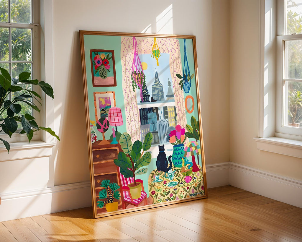 Cat by Window Art Print | Colorful Interior, Botanical Illustration wall art print, modern home decor, unframed artwork by Nomad & Nest