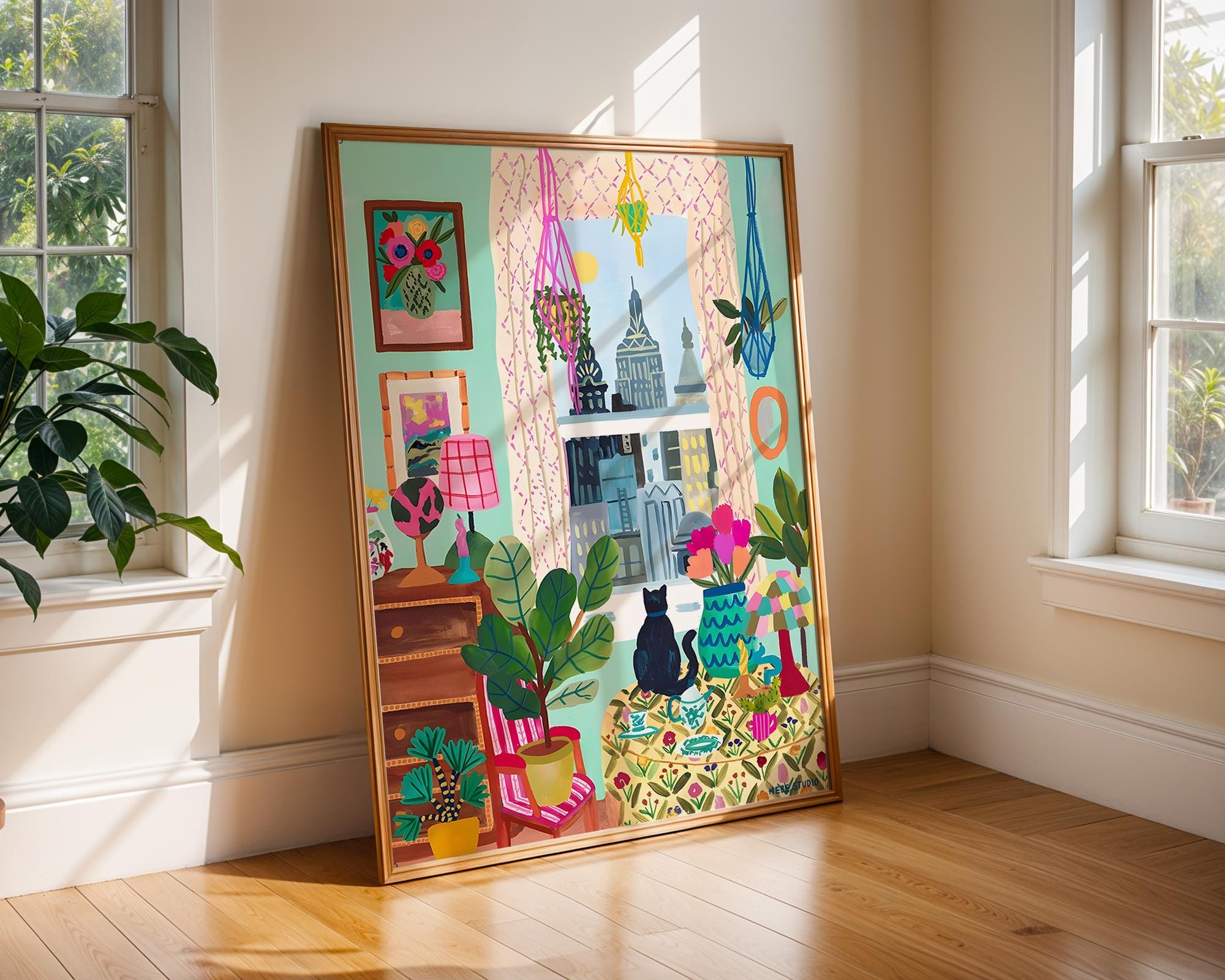 Cat by Window Art Print | Colorful Interior, Botanical Illustration wall art print, modern home decor, unframed artwork by Nomad & Nest