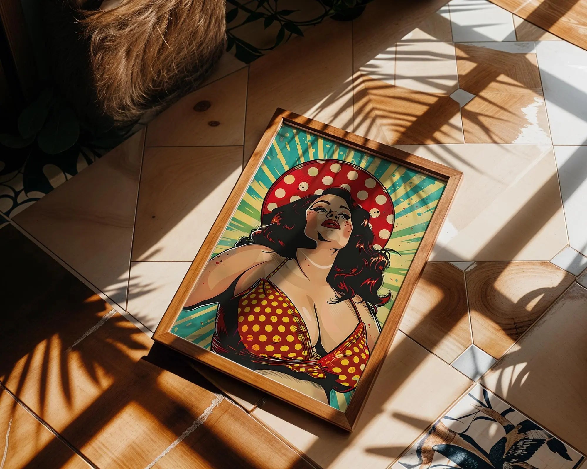 Modern Pop Art | Retro Pin-Up Print | Curvy Woman in Polka Dot Bikini & Hat wall art print, modern home decor, unframed artwork by Nomad & Nest