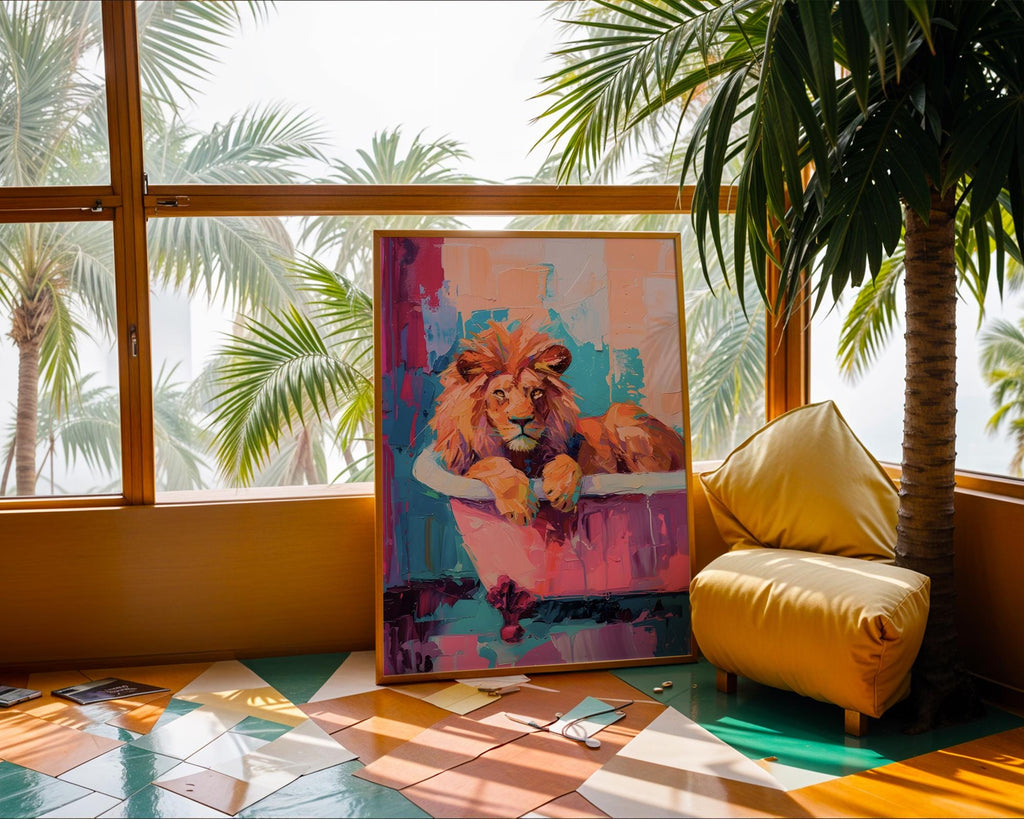 Colourful Prints | Abstract Lion Bath Print |  Jungle Animal Wall Art wall art print, modern home decor, unframed artwork by Nomad & Nest