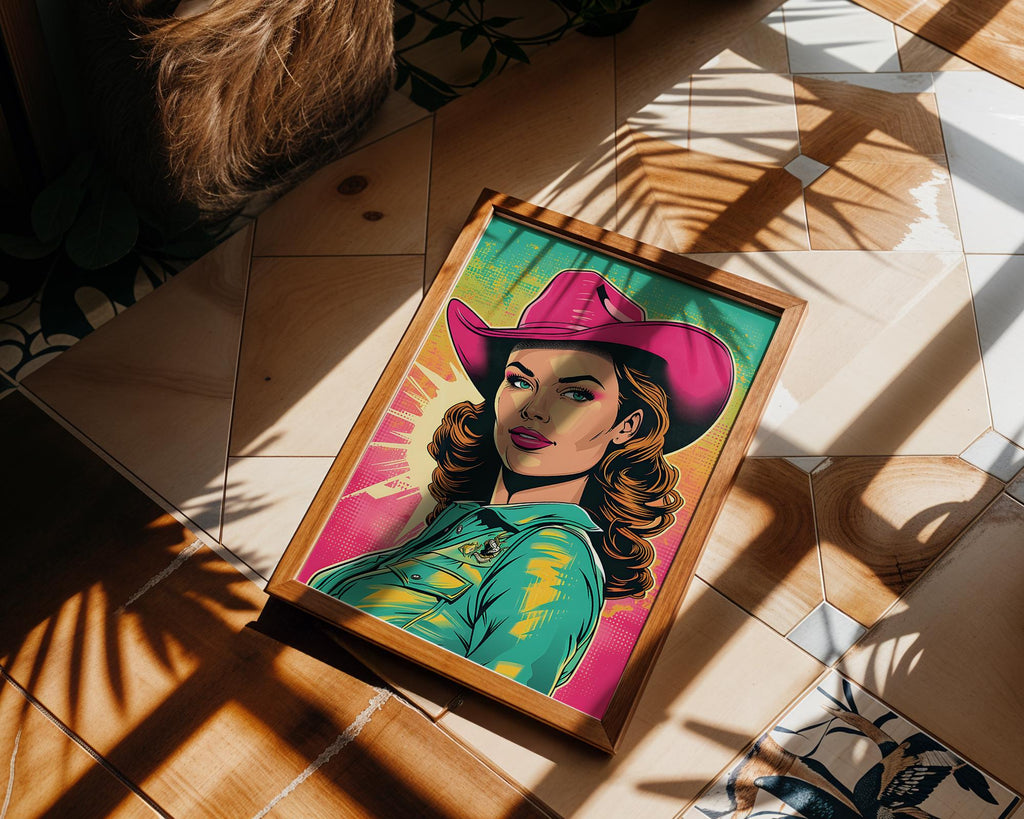 Modern Pop Art | Retro Cowgirl  Print | Vibrant Western Woman Portrait wall art print, modern home decor, unframed artwork by Nomad & Nest