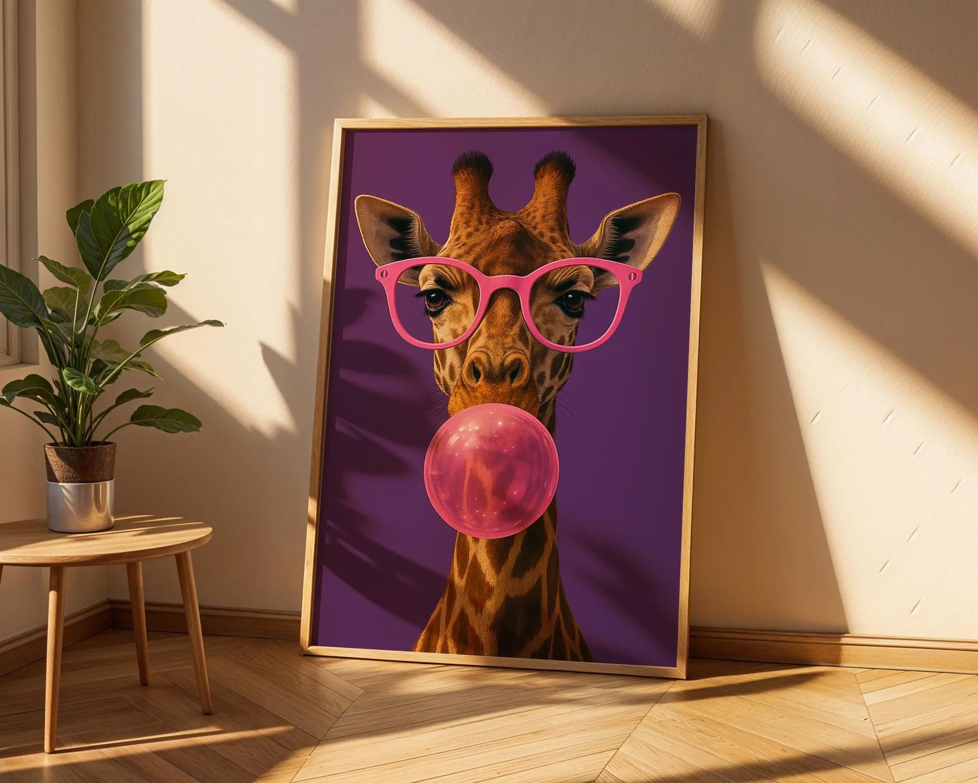 Colourful Prints | Giraffe Bubblegum Print | Funky Animal Art with Pink Glasses wall art print, modern home decor, unframed artwork by Nomad & Nest