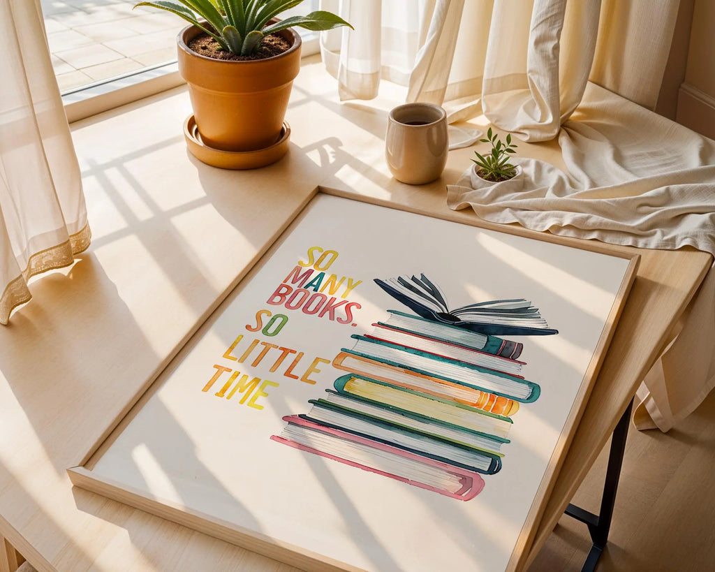 Positive Emotion | Many Books So Little Time Wall Art | Reading Illustration Print wall art print, modern home decor, unframed artwork by Nomad & Nest