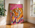 Sleeping Tiger Art Print | Pink Floral Cushion, Whimsical Jungle Decor wall art print, modern home decor, unframed artwork by Nomad & Nest