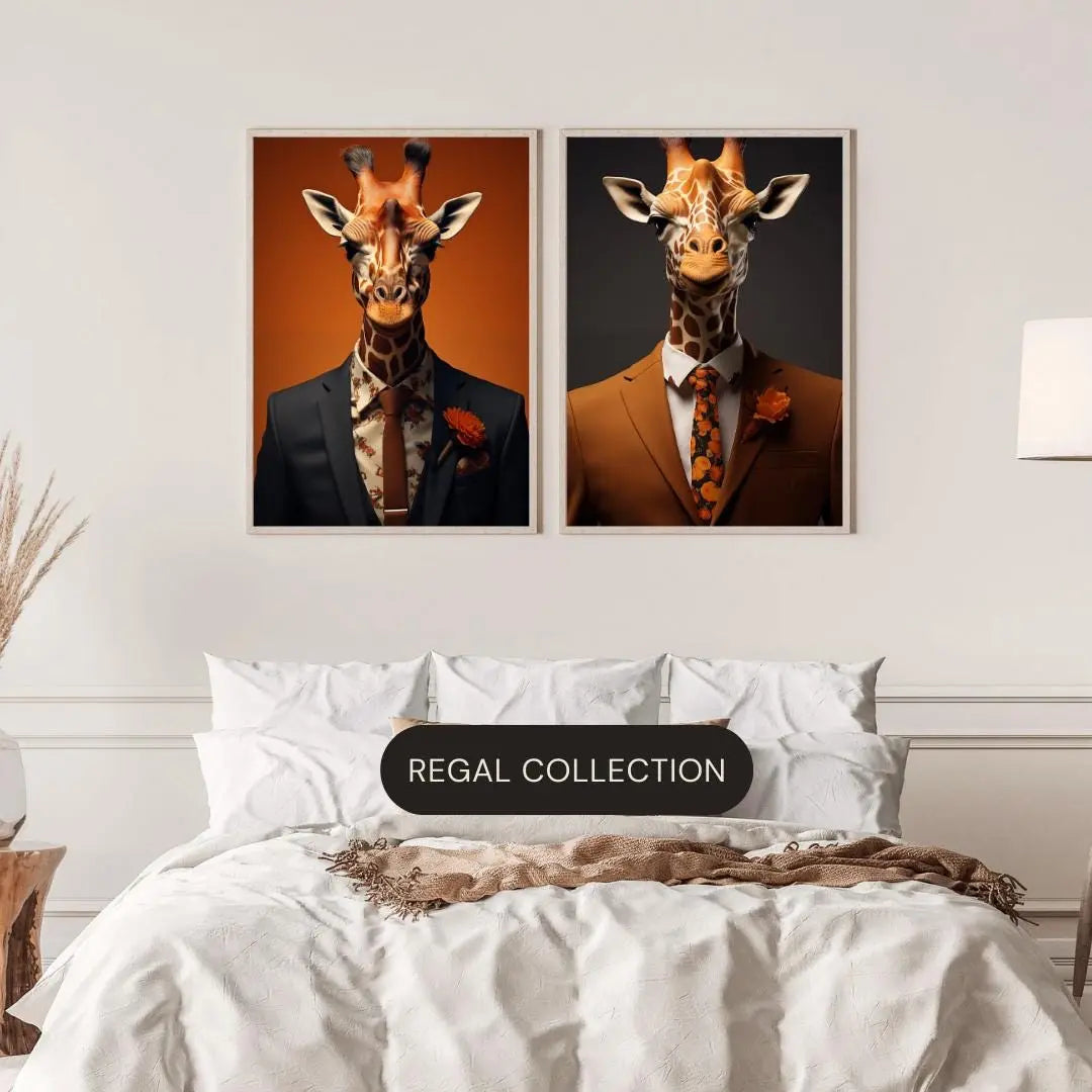 Giraffe in Suit Wall Art – Floral Shirt & Orange Tie, Modern Anthropomorphic Animal Print wall art print, modern home decor, unframed artwork by Nomad & Nest