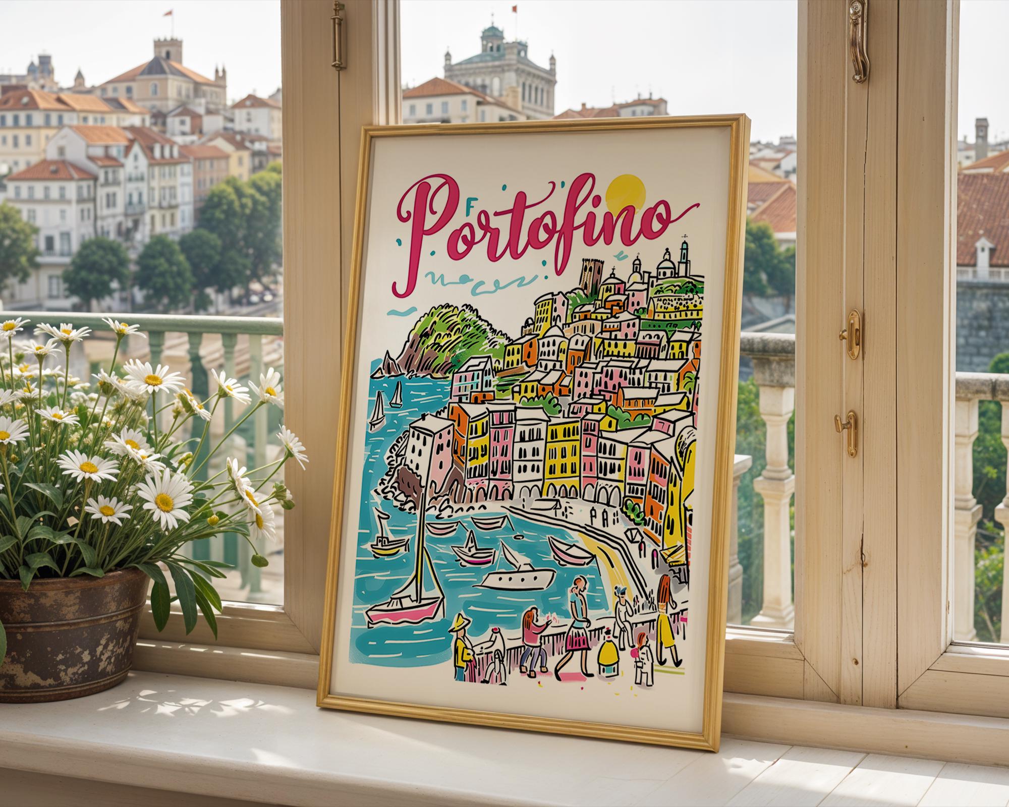 Portofino Italy Art Print | Colorful Italian Riviera Coastal Illustration wall art print, modern home decor, unframed artwork by Nomad & Nest