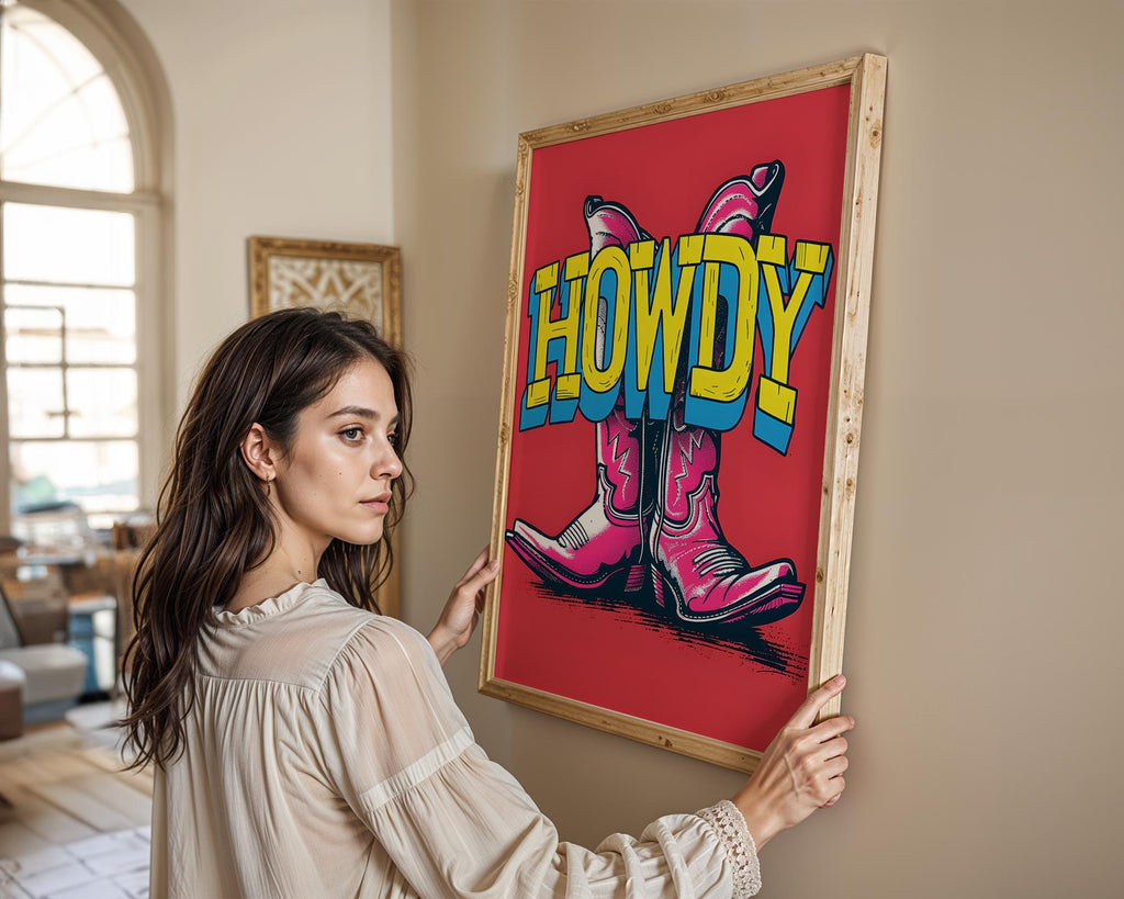 Modern Pop Art | Howdy Cowboy Boots Print | Pink Western  Poster wall art print, modern home decor, unframed artwork by Nomad & Nest