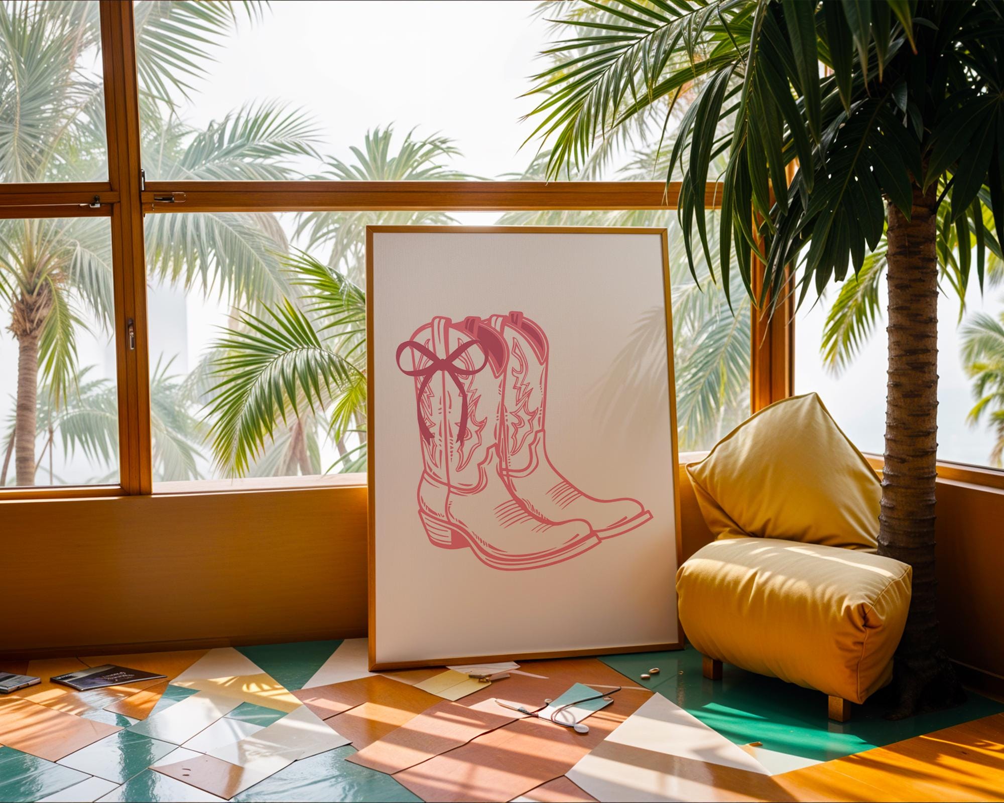 Pink Cowboy Boots Line Art Print | Girly Western Decor wall art print, modern home decor, unframed artwork by Nomad & Nest
