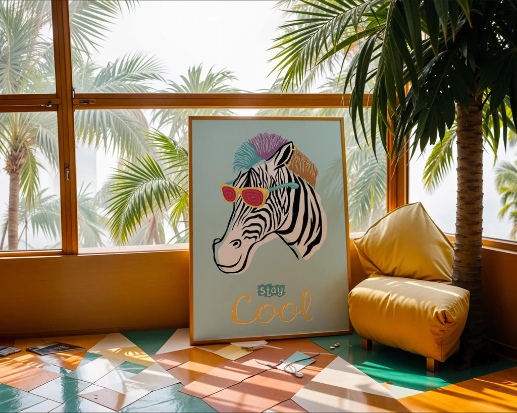 Cool Zebra Art Print | Fun Animal Poster with Sunglasses wall art print, modern home decor, unframed artwork by Nomad & Nest