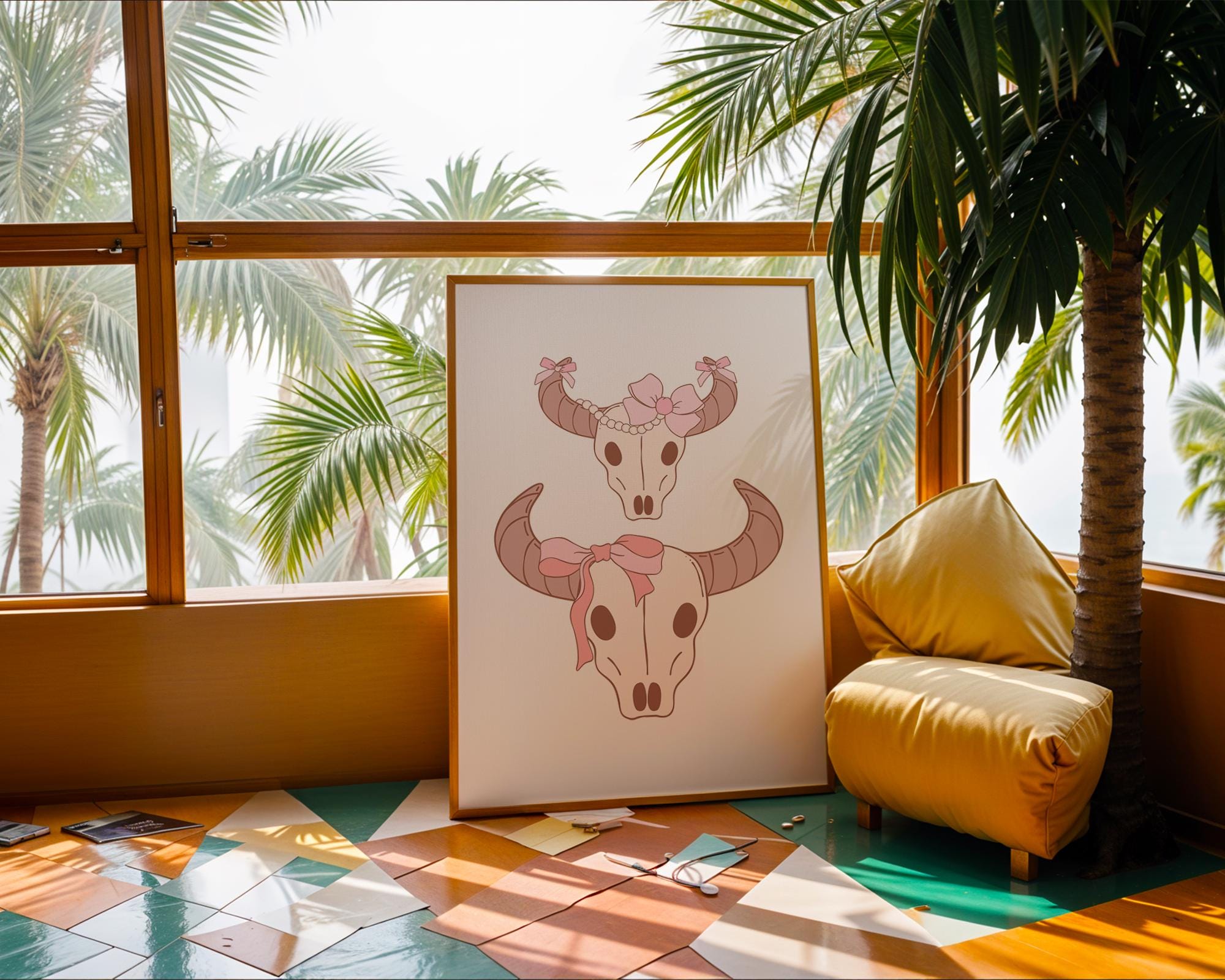 Girly Bull Skull Pair Print | Pink Bow Western Wall Art wall art print, modern home decor, unframed artwork by Nomad & Nest