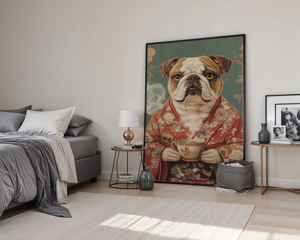 Japanese Poster | Kimono Bulldog Print – Funny Oriental Dog Wall Art wall art print, modern home decor, unframed artwork by Nomad & Nest