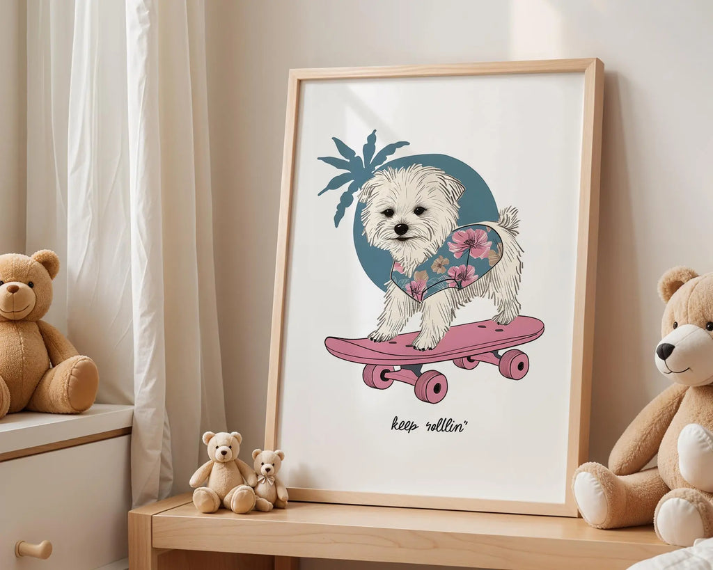 Playroom Ideas | Skate Dog Nursery Wall Art | Boho Animal Baby Print wall art print, modern home decor, unframed artwork by Nomad & Nest