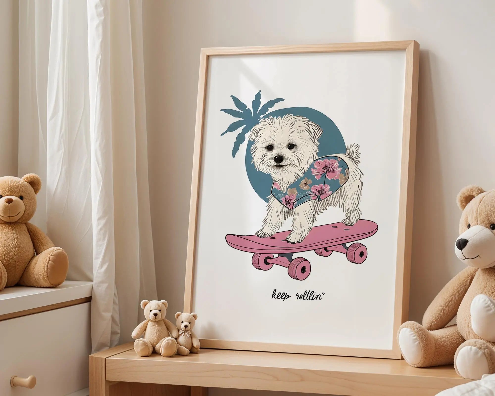 Playroom Ideas | Skate Dog Nursery Wall Art | Boho Animal Baby Print wall art print, modern home decor, unframed artwork by Nomad & Nest