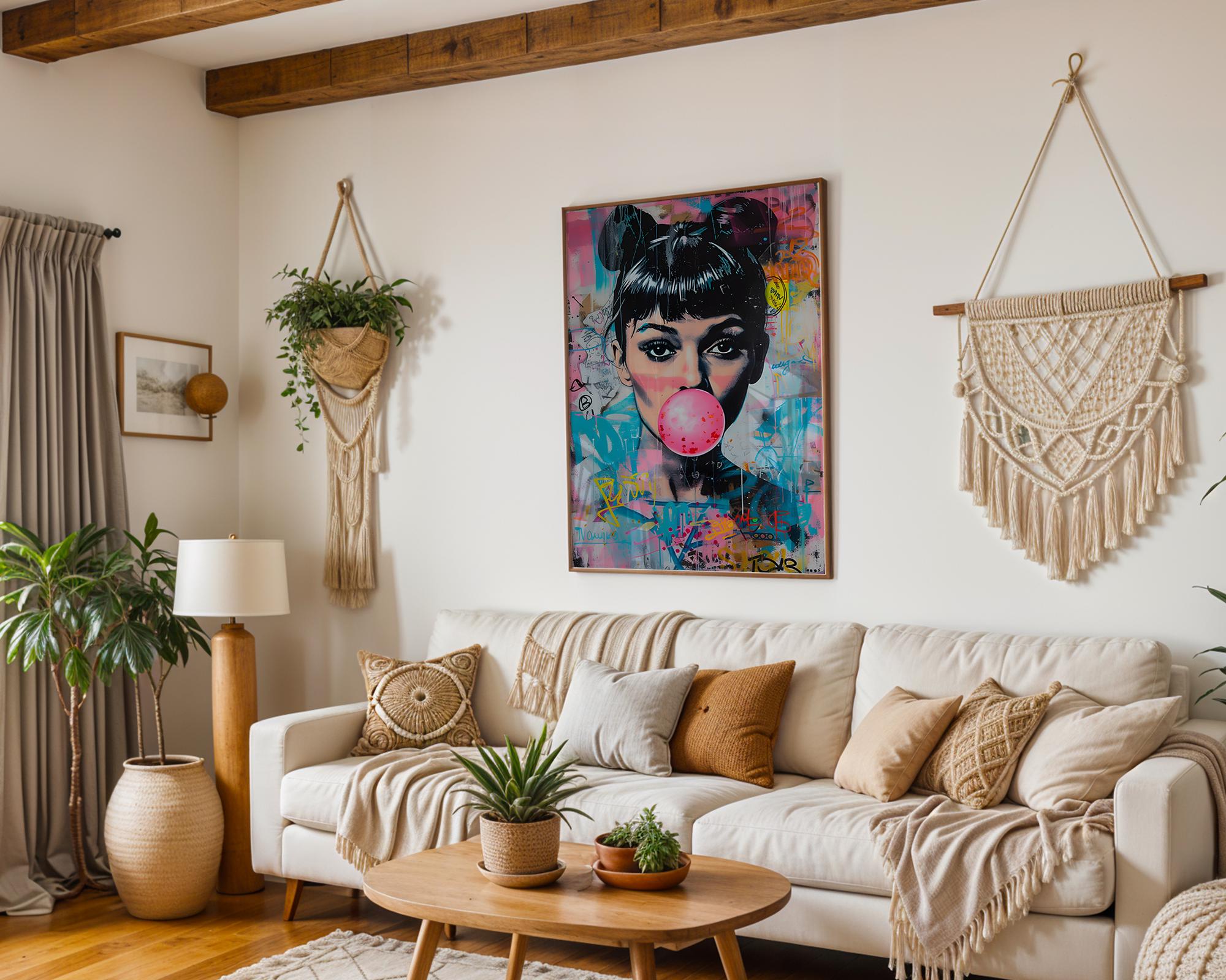 Modern Pop Art | Audrey Hepburn Bubblegum Print | Neon Graffiti wall art print, modern home decor, unframed artwork by Nomad & Nest