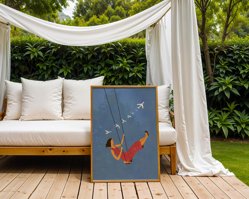 Woman on Swing Art Print | Dreamy Blue Sky Wall Decor wall art print, modern home decor, unframed artwork by Nomad & Nest