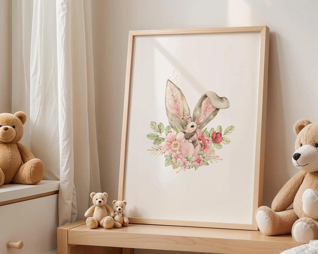 Playroom Ideas | Bunny Floral Nursery Art | Woodland Boho Wall Print wall art print, modern home decor, unframed artwork by Nomad & Nest