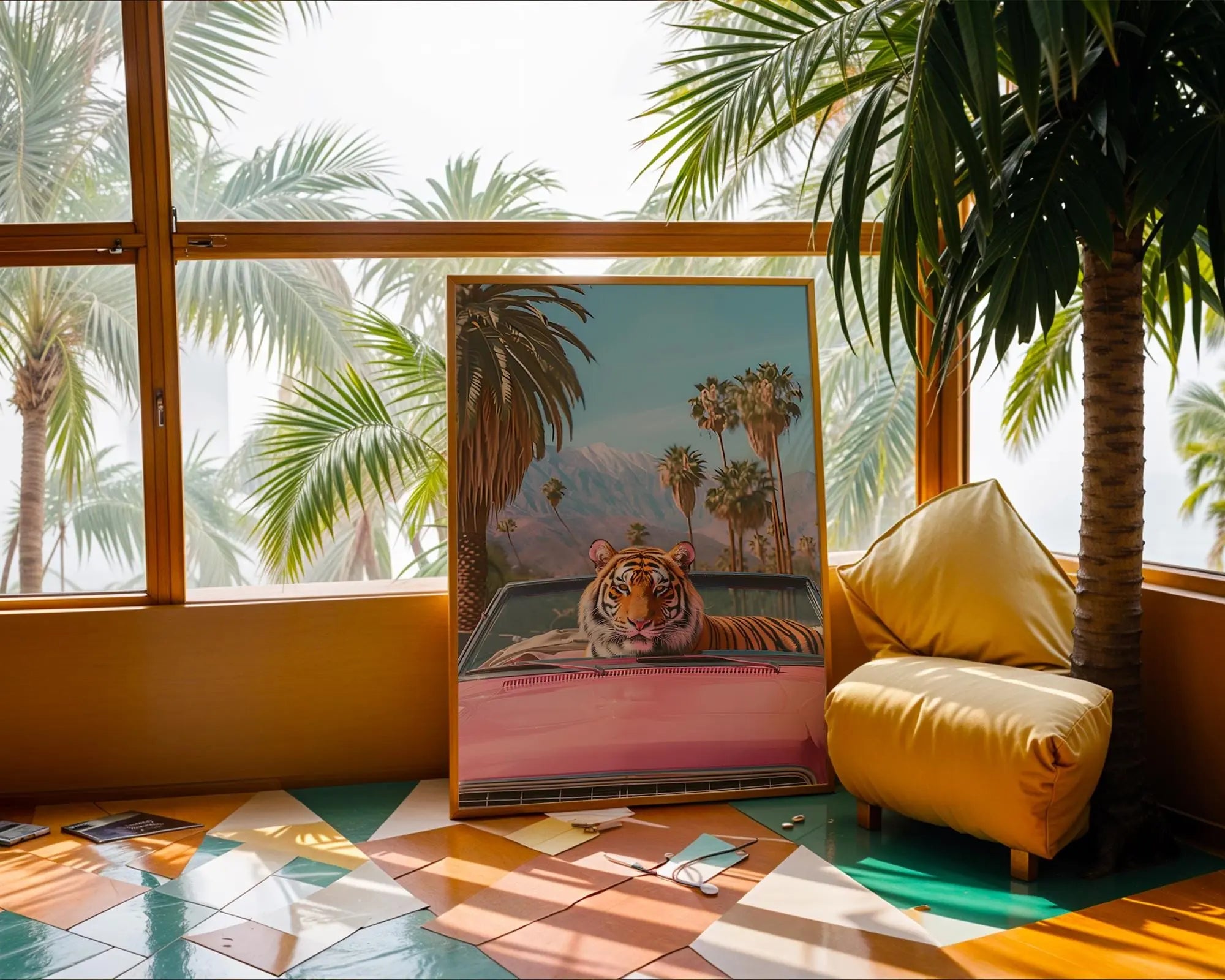 Colourful Prints | Retro Tiger Print | Pink Convertible, Palm Trees, Tropical Wall Art wall art print, modern home decor, unframed artwork by Nomad & Nest