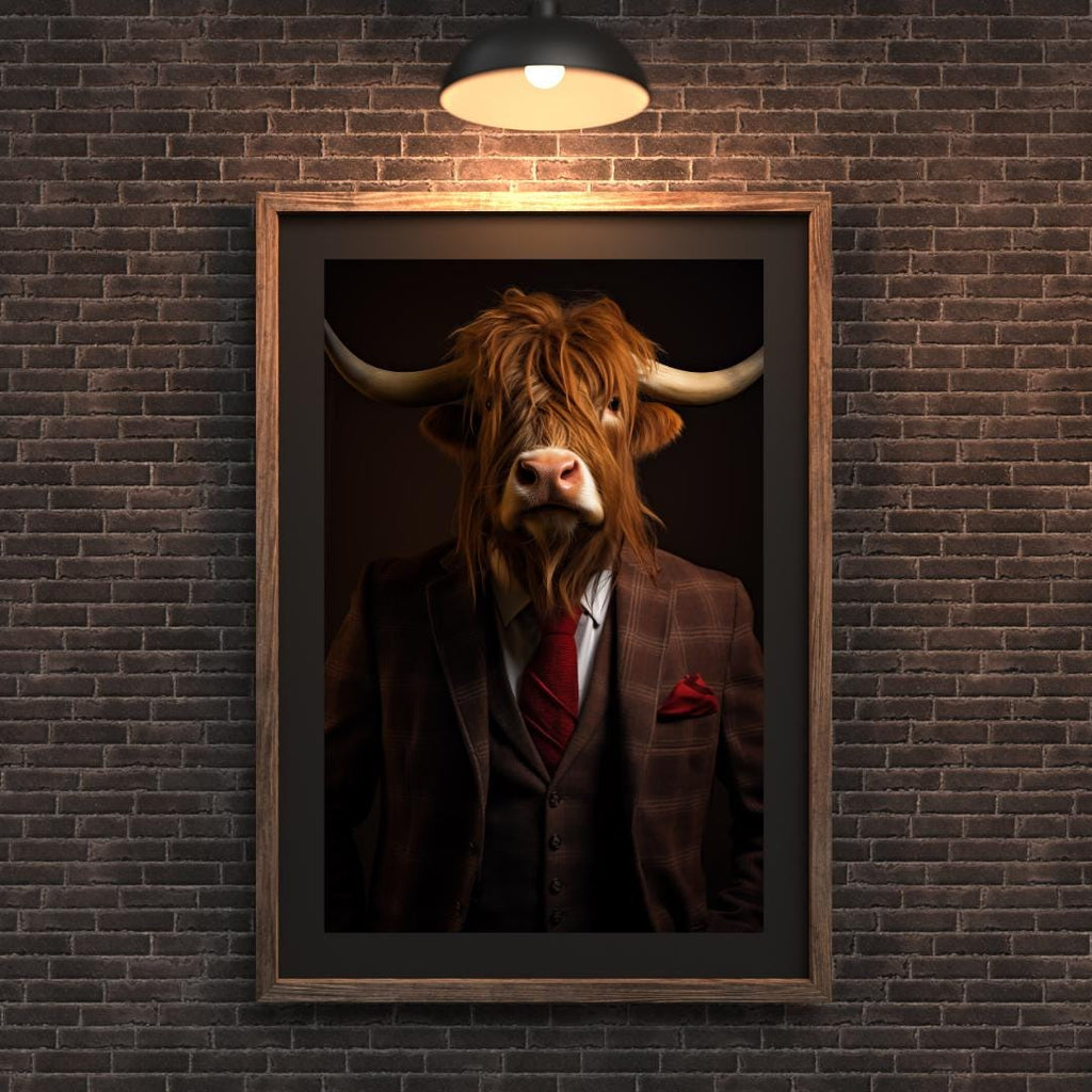 Highland Cow in Red Plaid Suit Print – Quirky Farmhouse Wall Art wall art print, modern home decor, unframed artwork by Nomad & Nest
