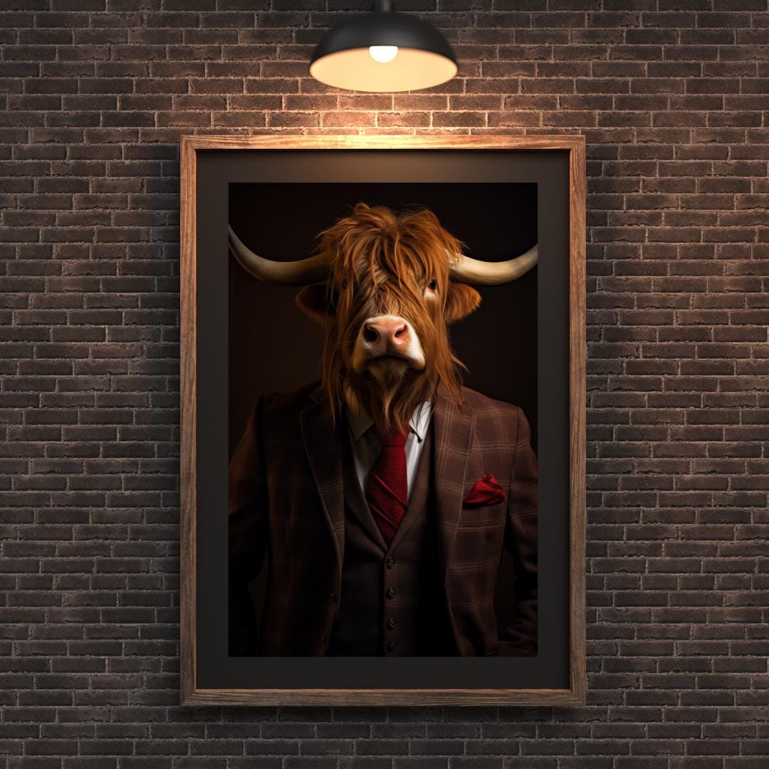 Highland Cow in Red Plaid Suit Print – Quirky Farmhouse Wall Art wall art print, modern home decor, unframed artwork by Nomad & Nest