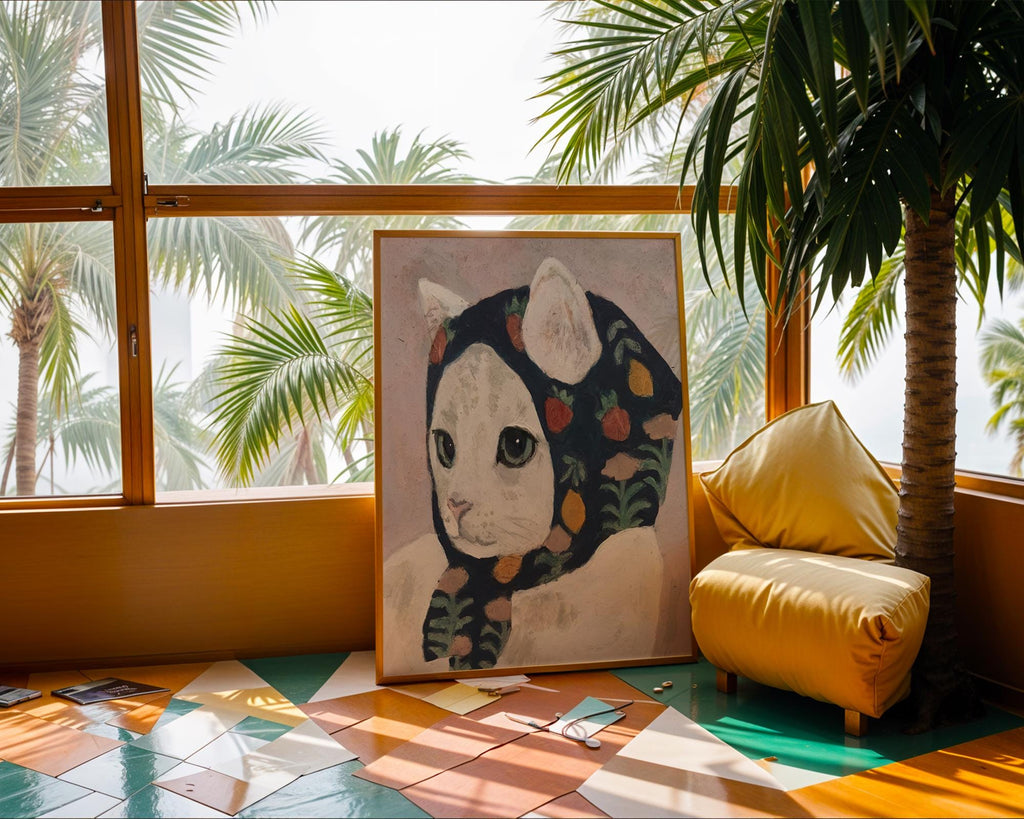 Whimsical Cat Art Print | Cat in Scarf Folk Art Poster wall art print, modern home decor, unframed artwork by Nomad & Nest