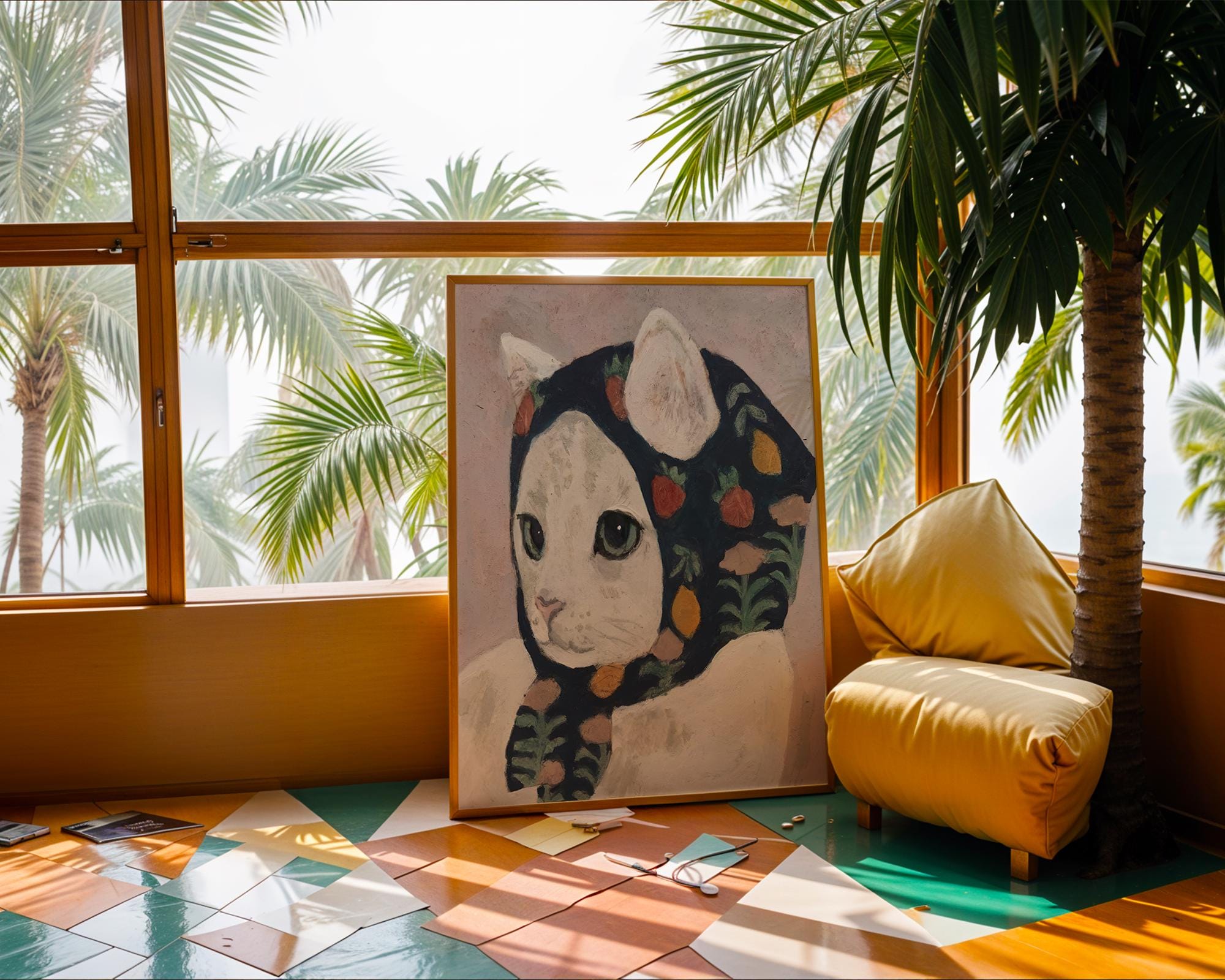 Whimsical Cat Art Print | Cat in Scarf Folk Art Poster wall art print, modern home decor, unframed artwork by Nomad & Nest
