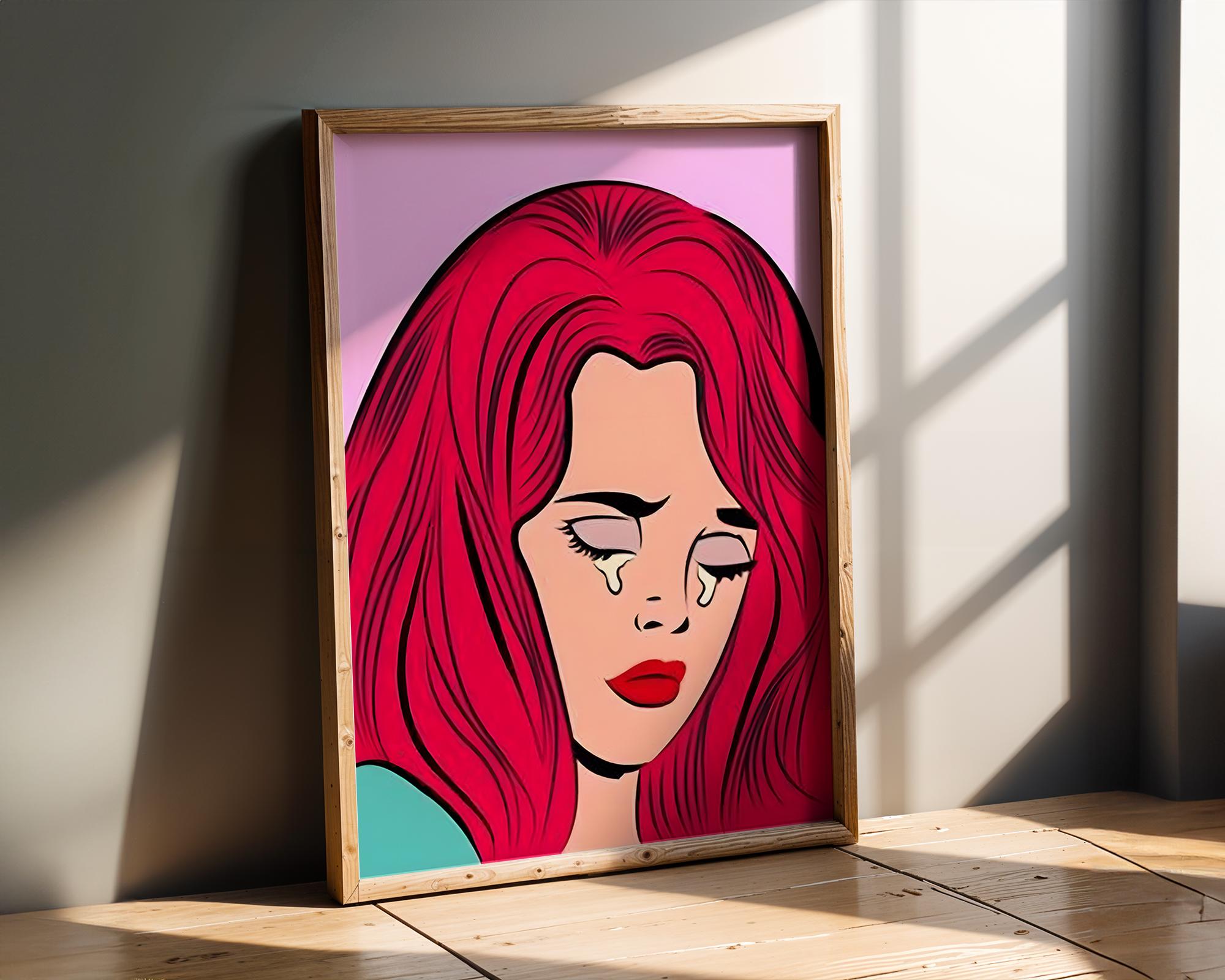 Modern Pop Art | Crying Woman Print | Retro Lichtenstein Style, Red Hair wall art print, modern home decor, unframed artwork by Nomad & Nest