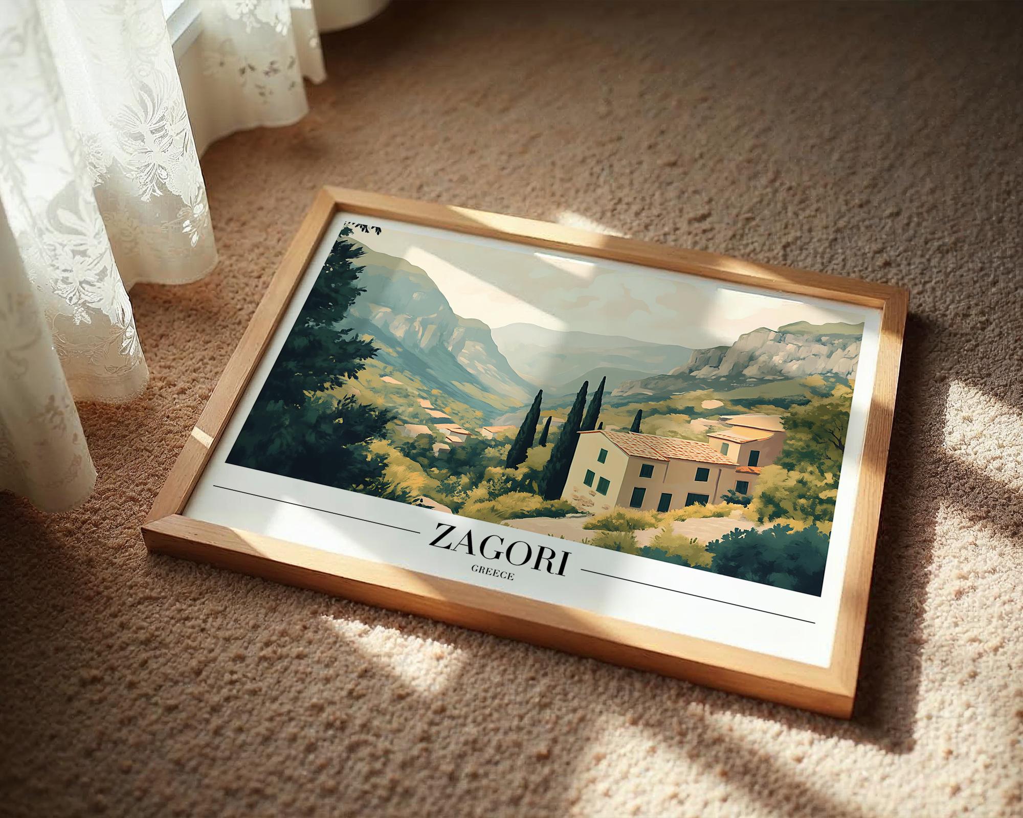 Zagori Greece Travel Poster | Rustic Mountain Village Art Print wall art print, modern home decor, unframed artwork by Nomad & Nest