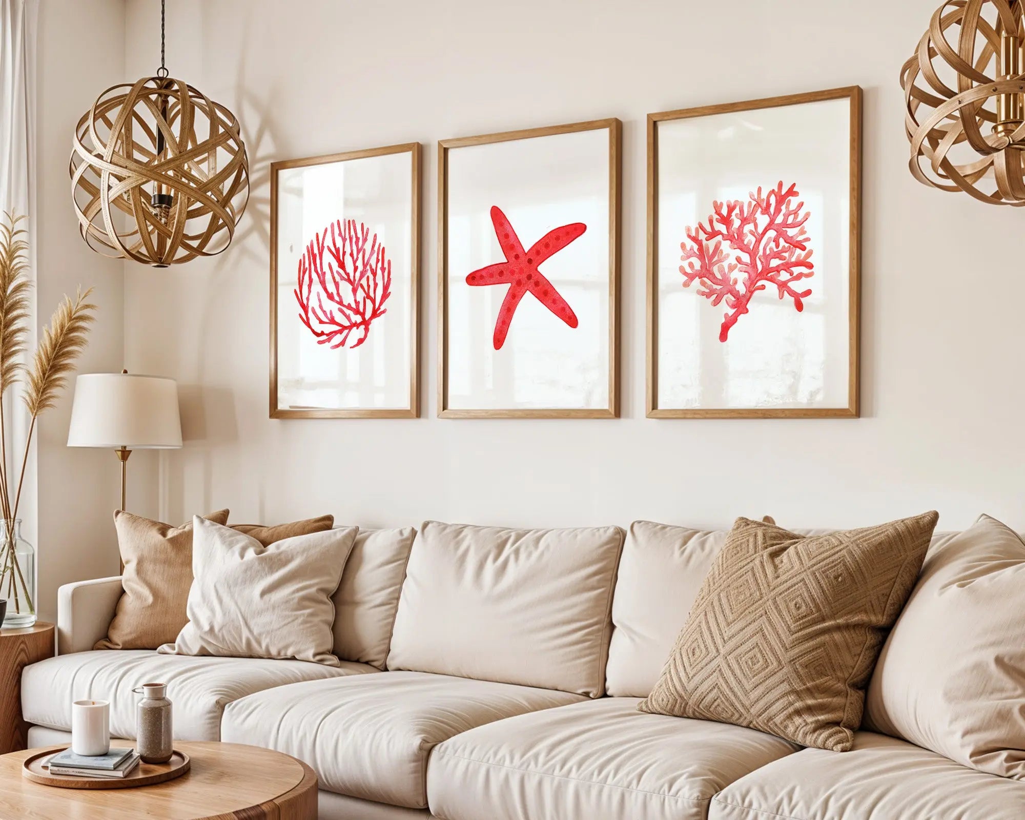 Colourful Prints | Coastal Coral & Starfish Art Prints, Beach House (Set of 3) wall art print, modern home decor, unframed artwork by Nomad & Nest