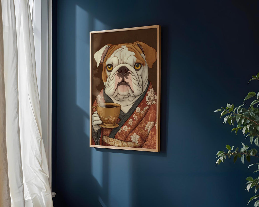 Japanese Poster | Bulldog Kimono Art Print – Funny Tea Lover Pet wall art print, modern home decor, unframed artwork by Nomad & Nest