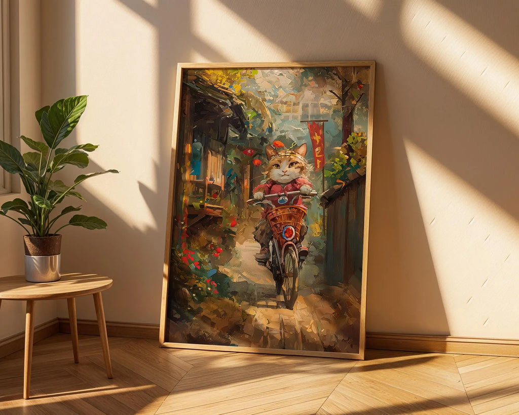 Cat on Bicycle Art Print | Whimsical Feline Poster wall art print, modern home decor, unframed artwork by Nomad & Nest