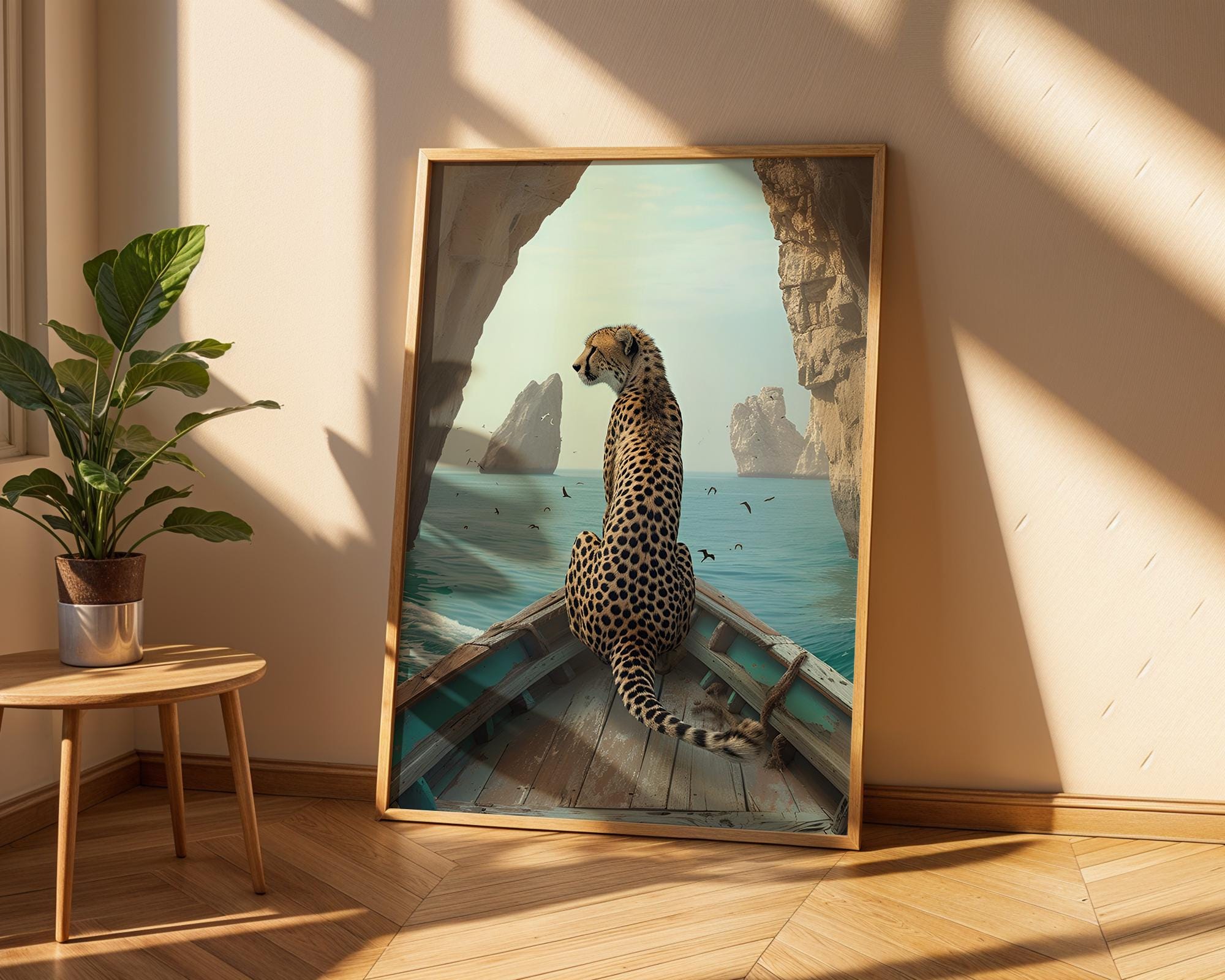 Colourful Prints | Cheetah on Boat Art Print | Coastal Safari Wall Decor wall art print, modern home decor, unframed artwork by Nomad & Nest