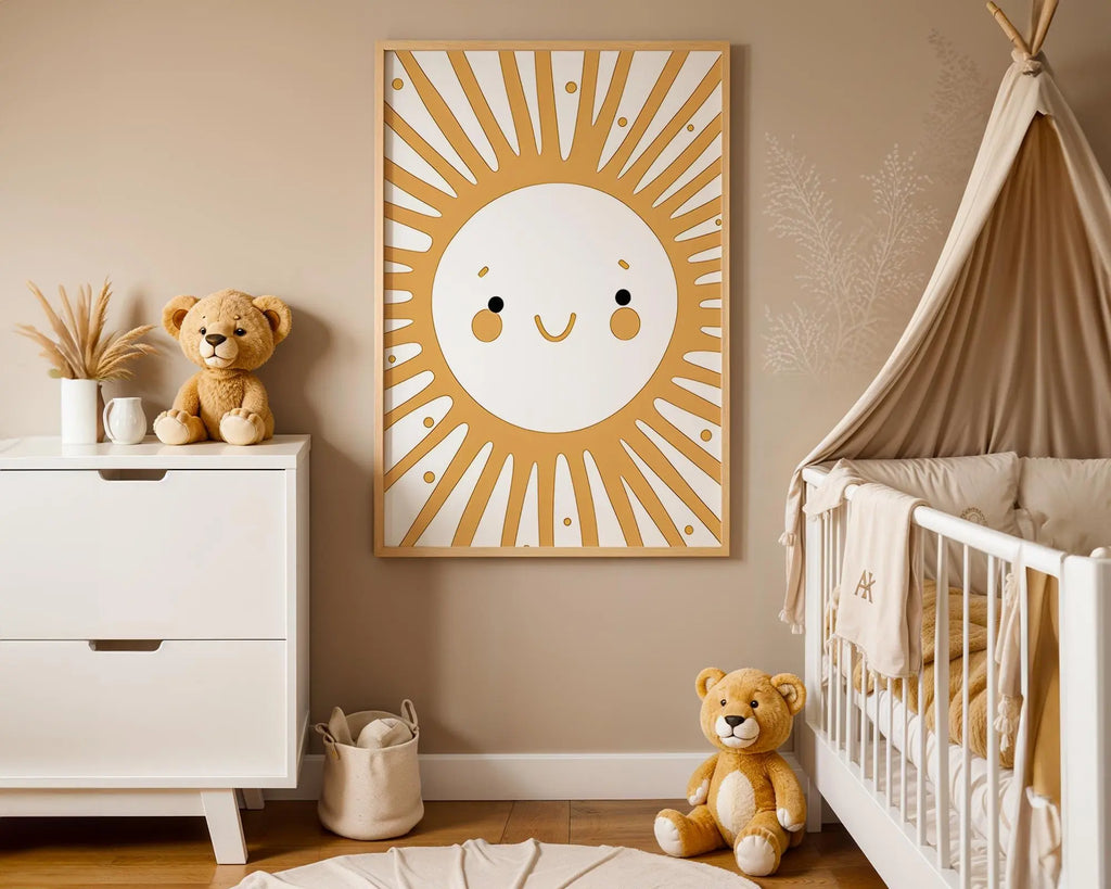 Playroom Ideas | Boho Sun Face Nursery Wall Art | Modern Celestial Baby Print wall art print, modern home decor, unframed artwork by Nomad & Nest