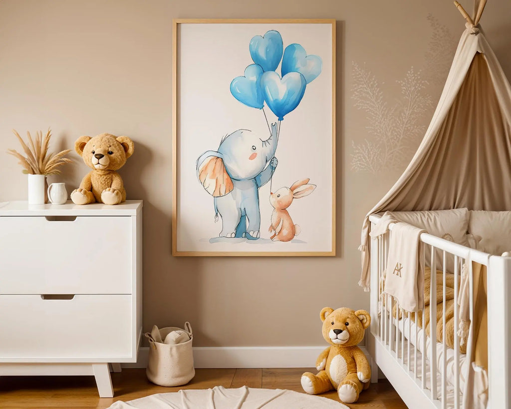 Playroom Ideas | Elephant Balloons Nursery Art | Soft Safari Baby Print wall art print, modern home decor, unframed artwork by Nomad & Nest