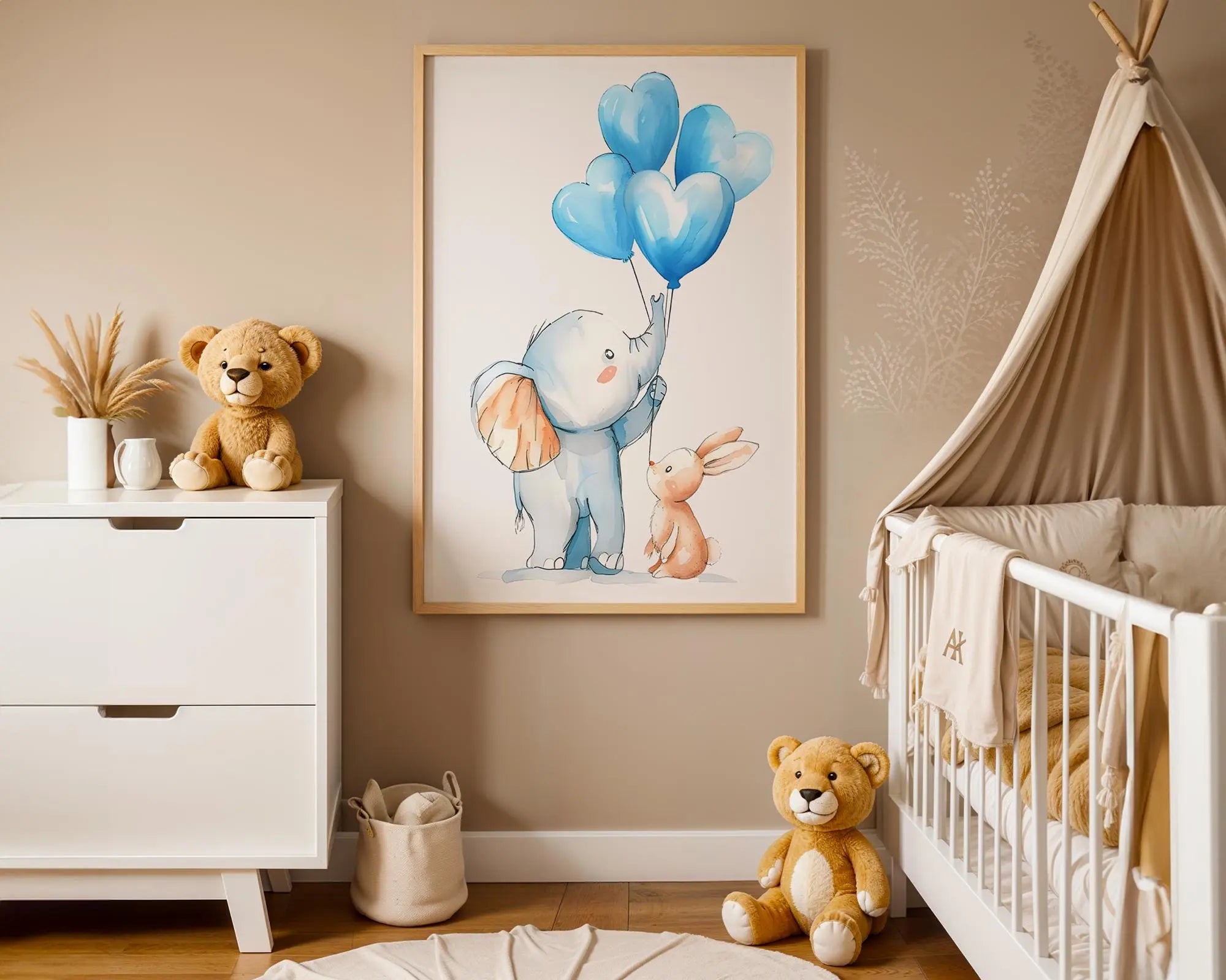 Playroom Ideas | Elephant Balloons Nursery Art | Soft Safari Baby Print wall art print, modern home decor, unframed artwork by Nomad & Nest