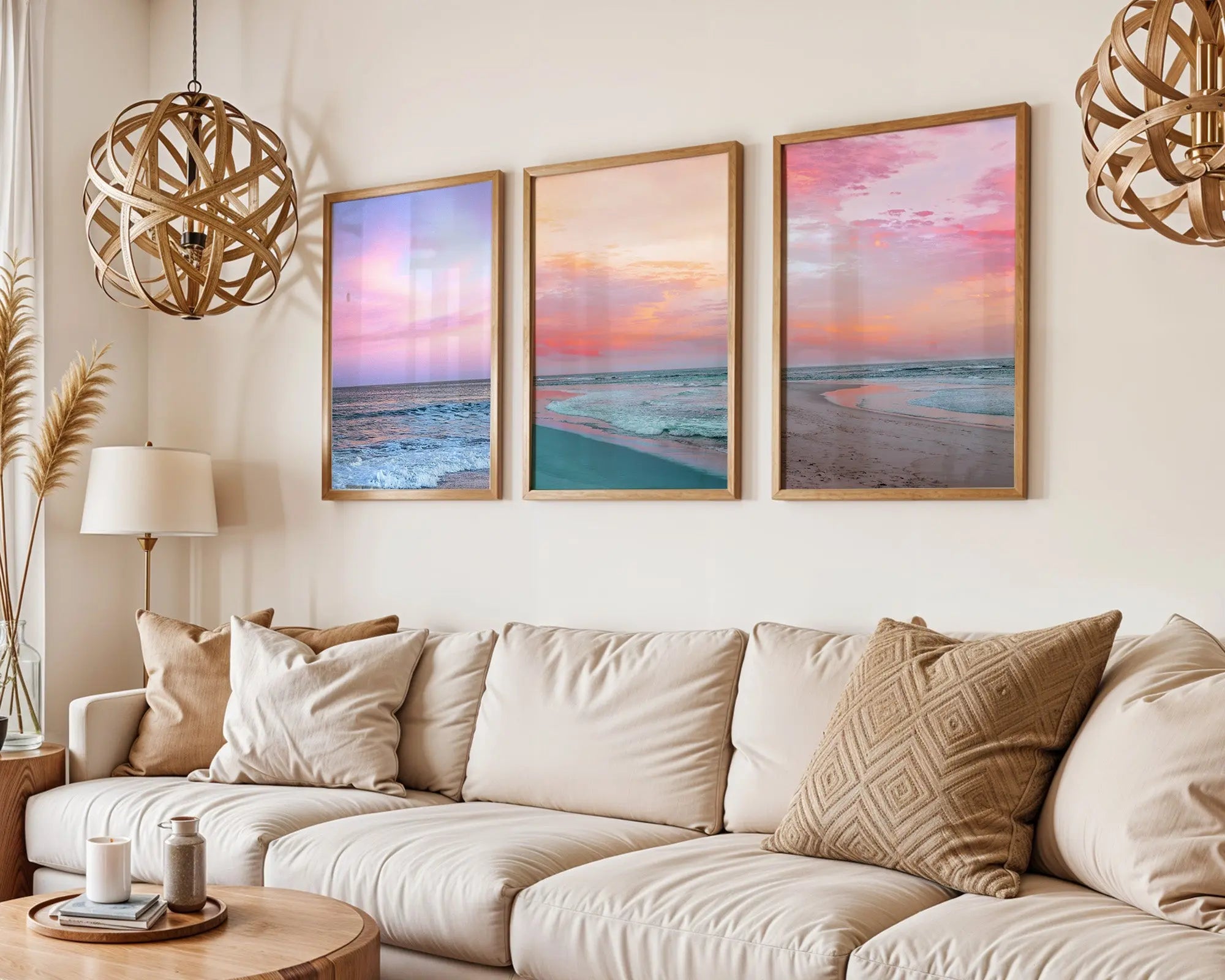 Colourful Prints | Pink Sunset Ocean Photography Print Set, Coastal Living Room Decor (Set of 3) wall art print, modern home decor, unframed artwork by Nomad & Nest