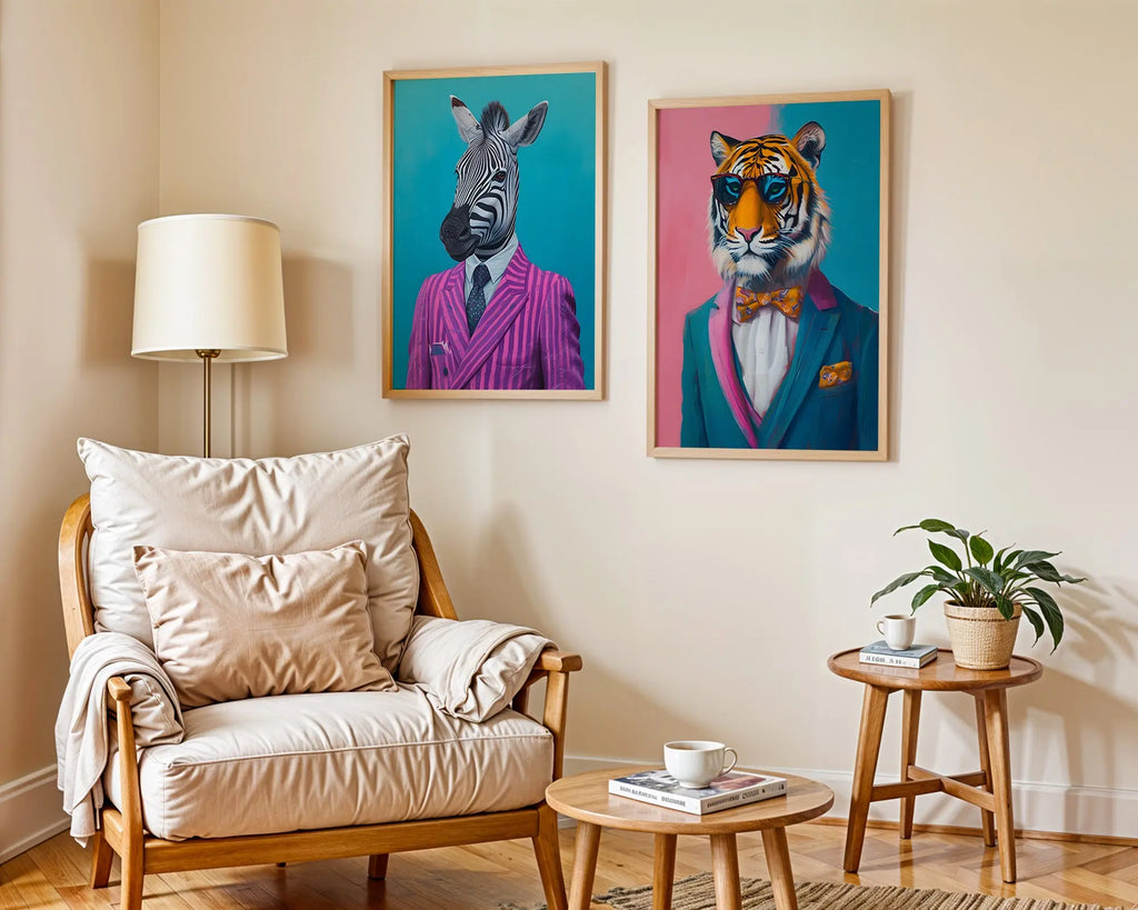 Colourful Prints | Zebra and Tiger Dressed in Suits | Animal Portrait (Set of 2) wall art print, modern home decor, unframed artwork by Nomad & Nest