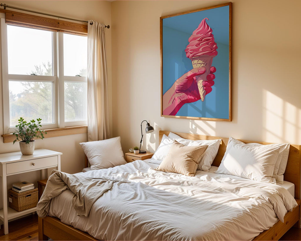 Colourful Prints | Pink Ice Cream Cone Art Print | Retro Summer Dessert Poster wall art print, modern home decor, unframed artwork by Nomad & Nest