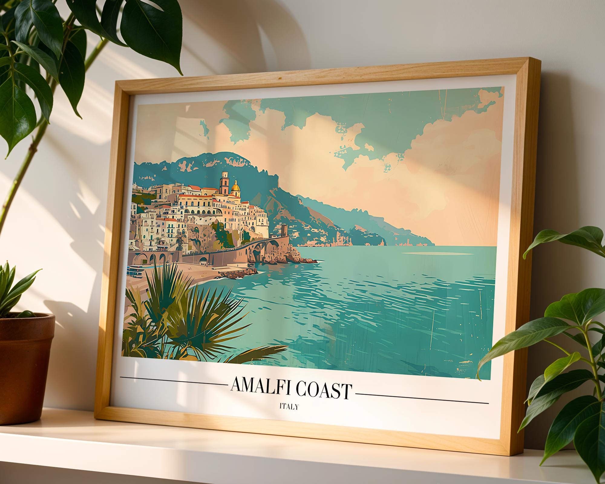 Amalfi Coast Italy Travel Poster | Retro Mediterranean Coastal Print wall art print, modern home decor, unframed artwork by Nomad & Nest