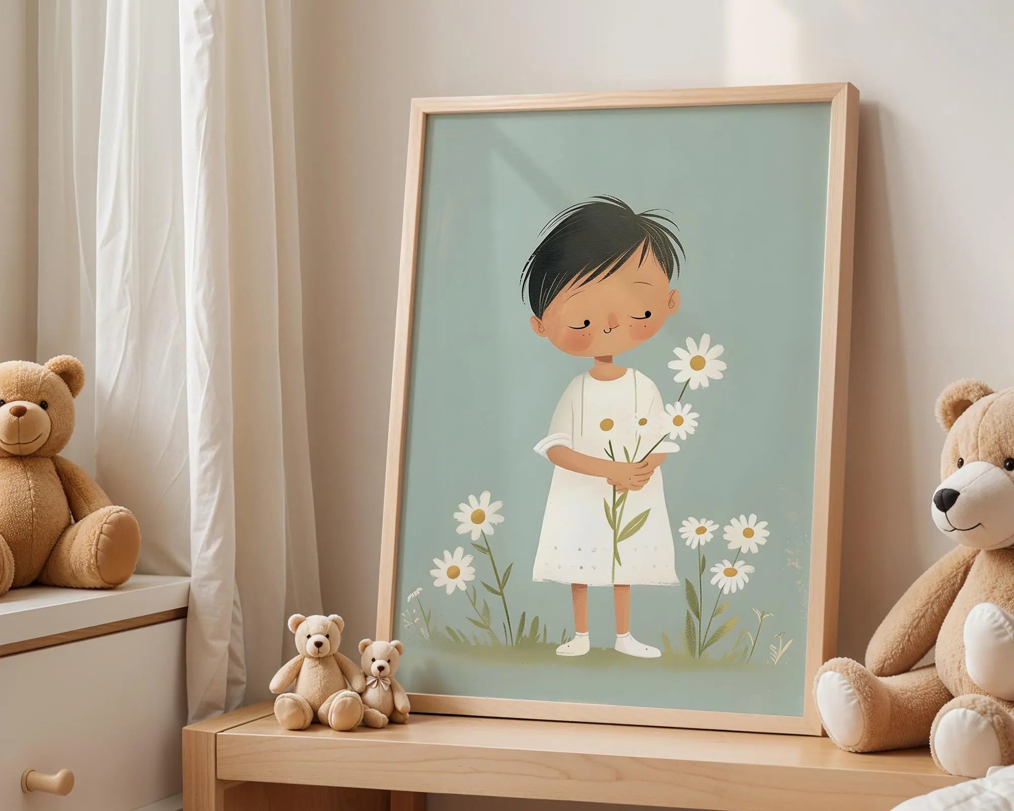 Playroom Ideas | Child With Flowers Nursery Print | Soft Boho Wall Art wall art print, modern home decor, unframed artwork by Nomad & Nest