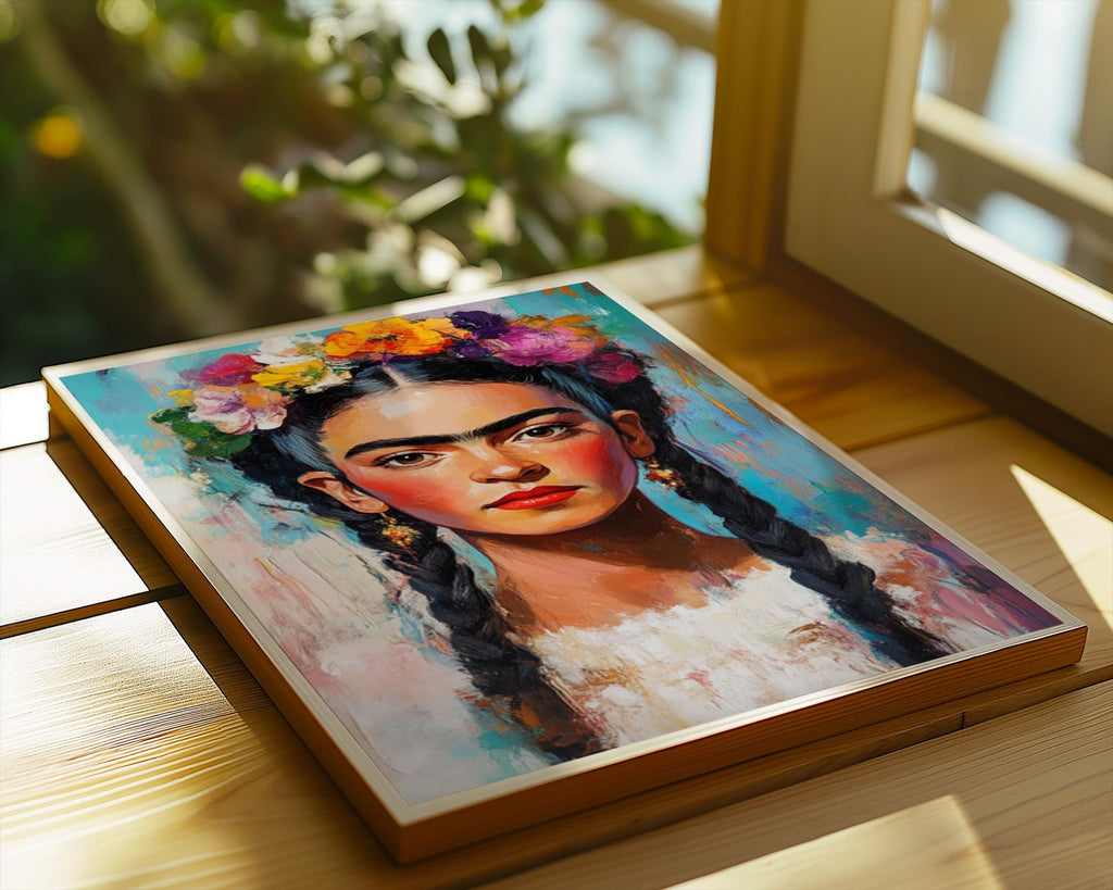 Frida Kahlo Portrait Print | Impasto Floral Crown, Mexican Folk Art wall art print, modern home decor, unframed artwork by Nomad & Nest