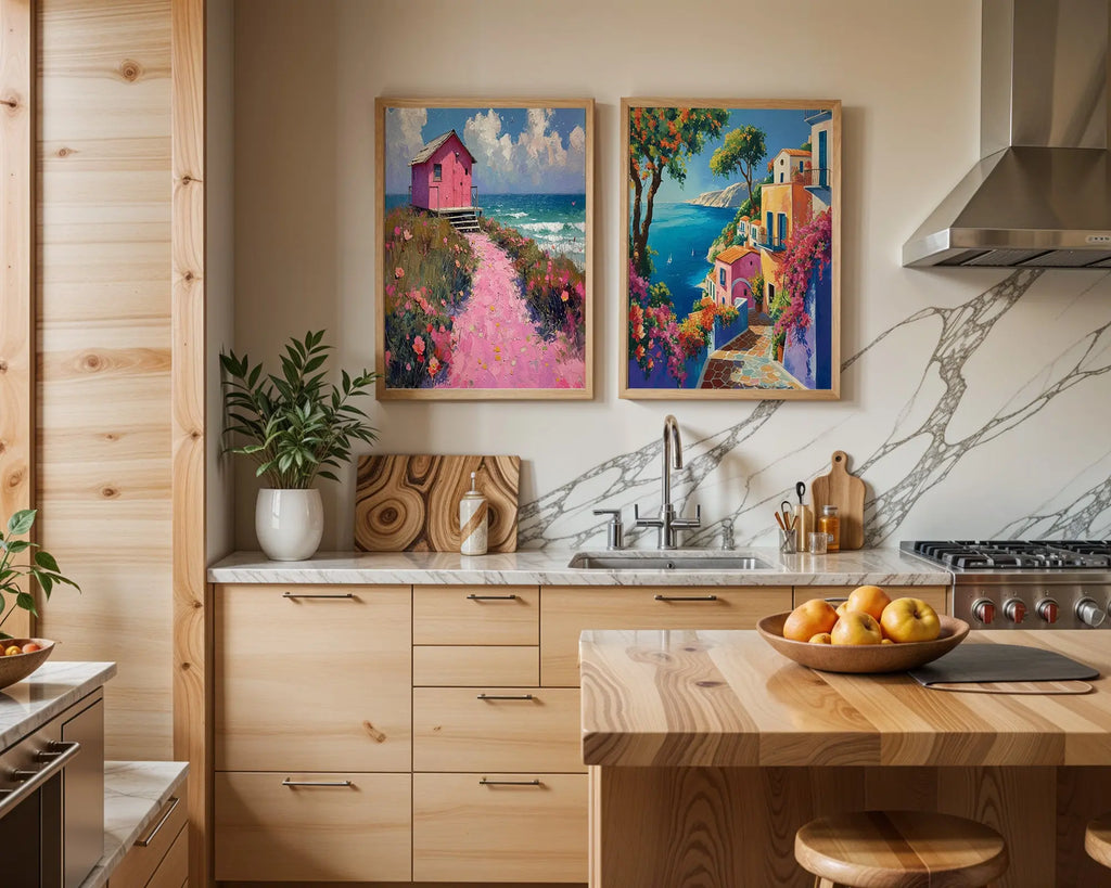 Colourful Prints | Coastal Art Print Set |Pink Beach House & Mediterranean Village (Set of 2) wall art print, modern home decor, unframed artwork by Nomad & Nest