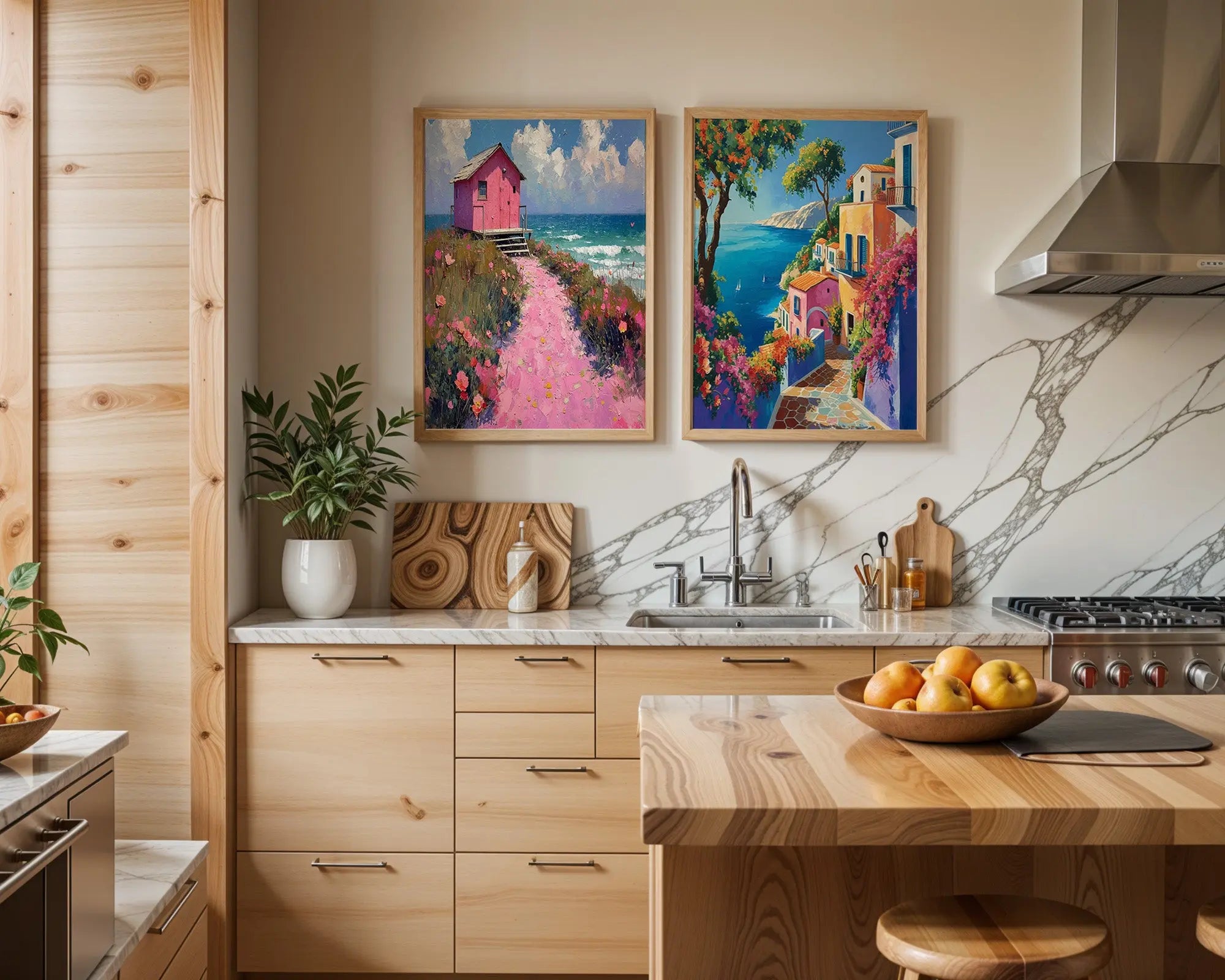 Colourful Prints | Coastal Art Print Set |Pink Beach House & Mediterranean Village (Set of 2) wall art print, modern home decor, unframed artwork by Nomad & Nest