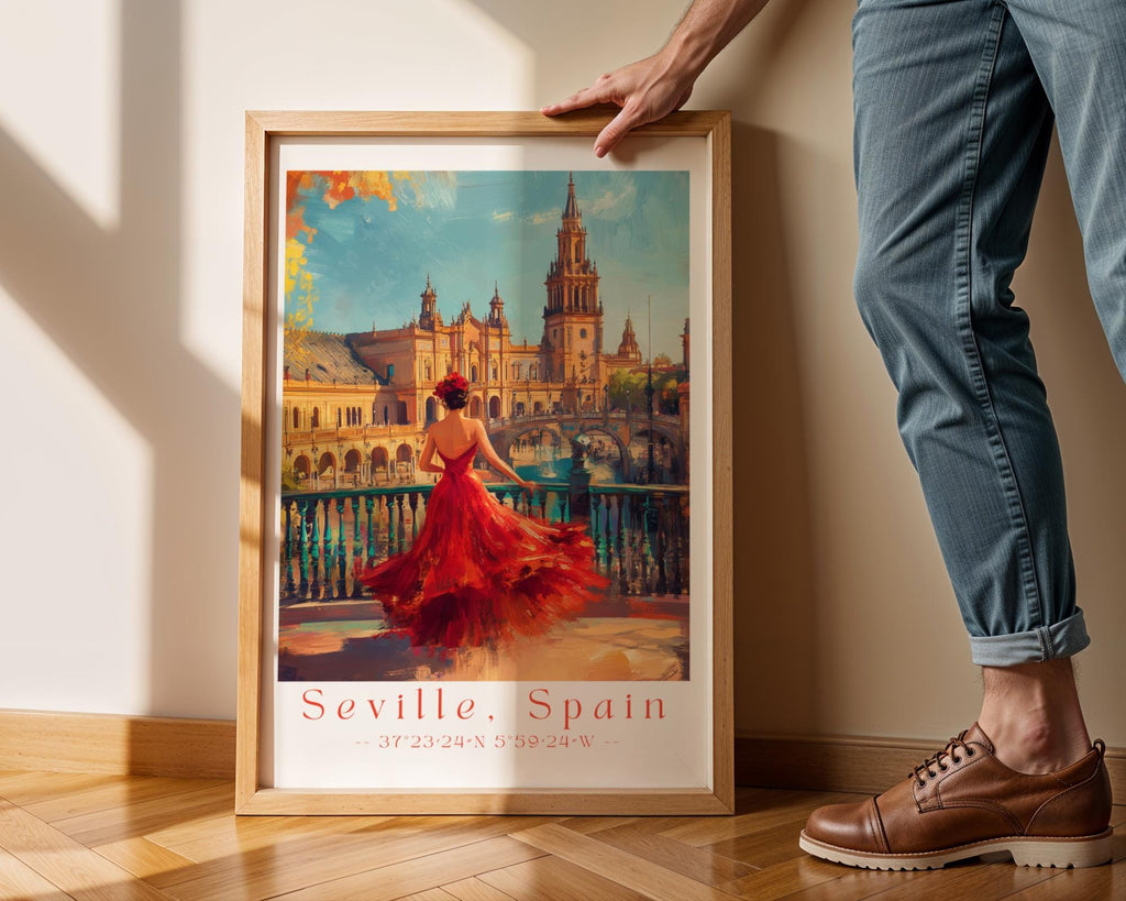 Seville Spain Travel Poster | Flamenco Dancer, Plaza de España Print wall art print, modern home decor, unframed artwork by Nomad & Nest