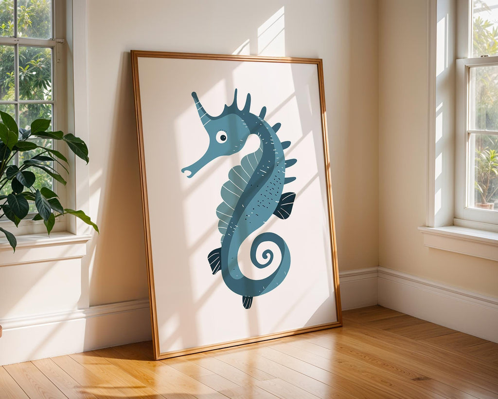 Blue Seahorse Print, Whimsical Coastal Nursery Decor, Kids Bedroom Poster wall art print, modern home decor, unframed artwork by Nomad & Nest