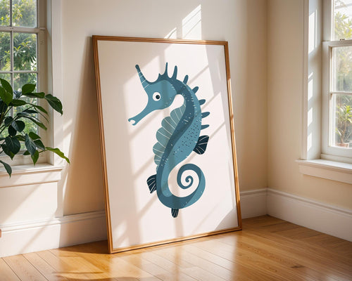 Blue Seahorse Print, Whimsical Coastal Nursery Decor, Kids Bedroom Poster wall art print, modern home decor, unframed artwork by Nomad & Nest