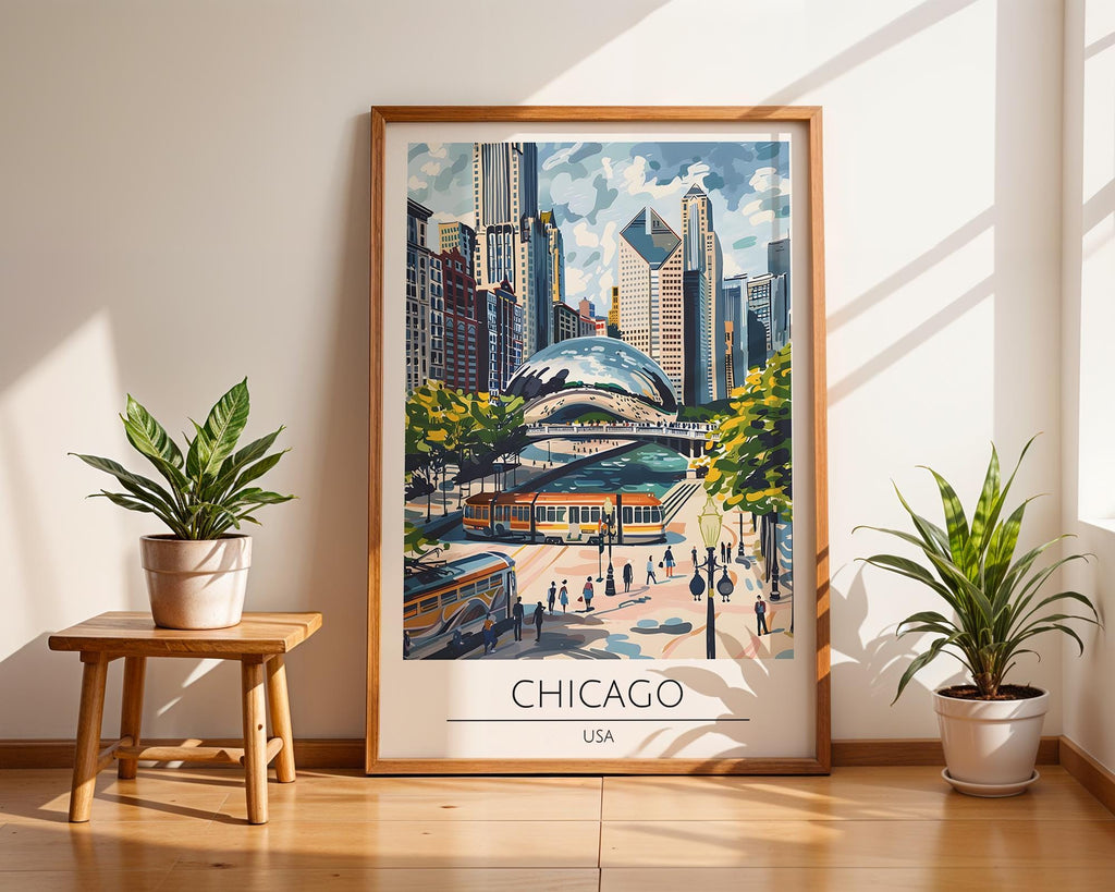 Chicago Travel Poster | Cloud Gate, Urban USA Art Print wall art print, modern home decor, unframed artwork by Nomad & Nest