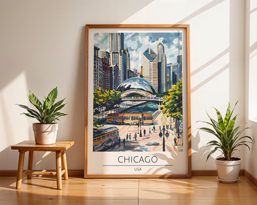 Chicago Travel Poster | Cloud Gate, Urban USA Art Print wall art print, modern home decor, unframed artwork by Nomad & Nest