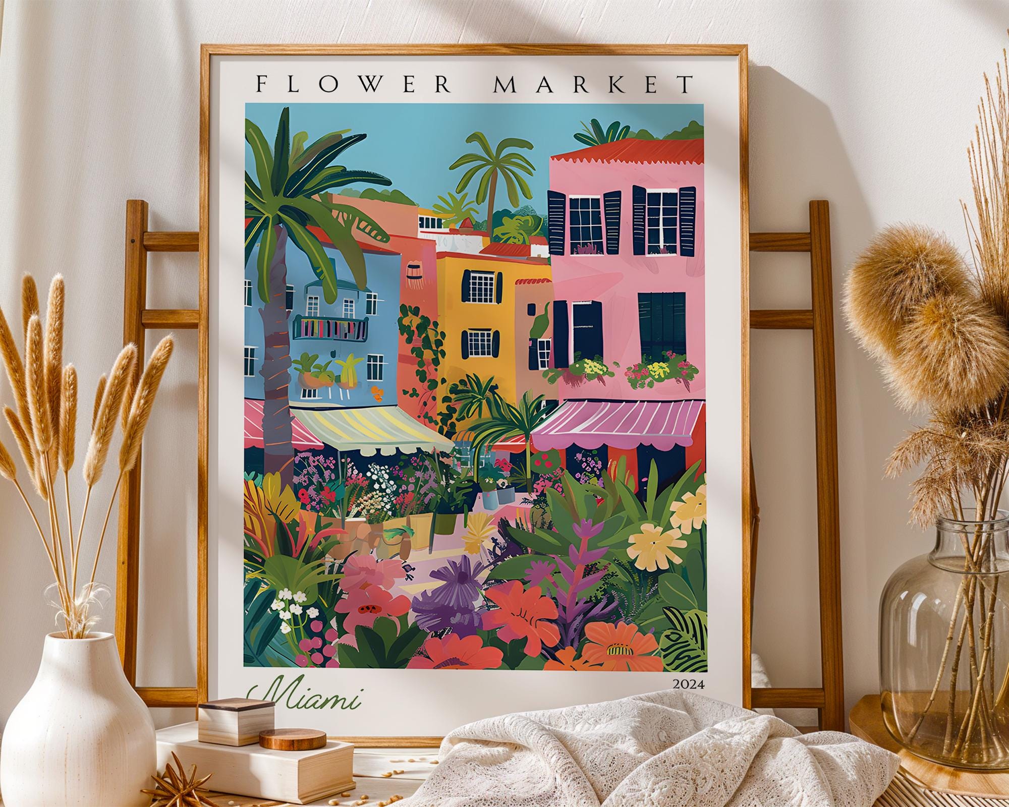 Miami Flower Market Art Print | Tropical Cityscape Travel Poster wall art print, modern home decor, unframed artwork by Nomad & Nest