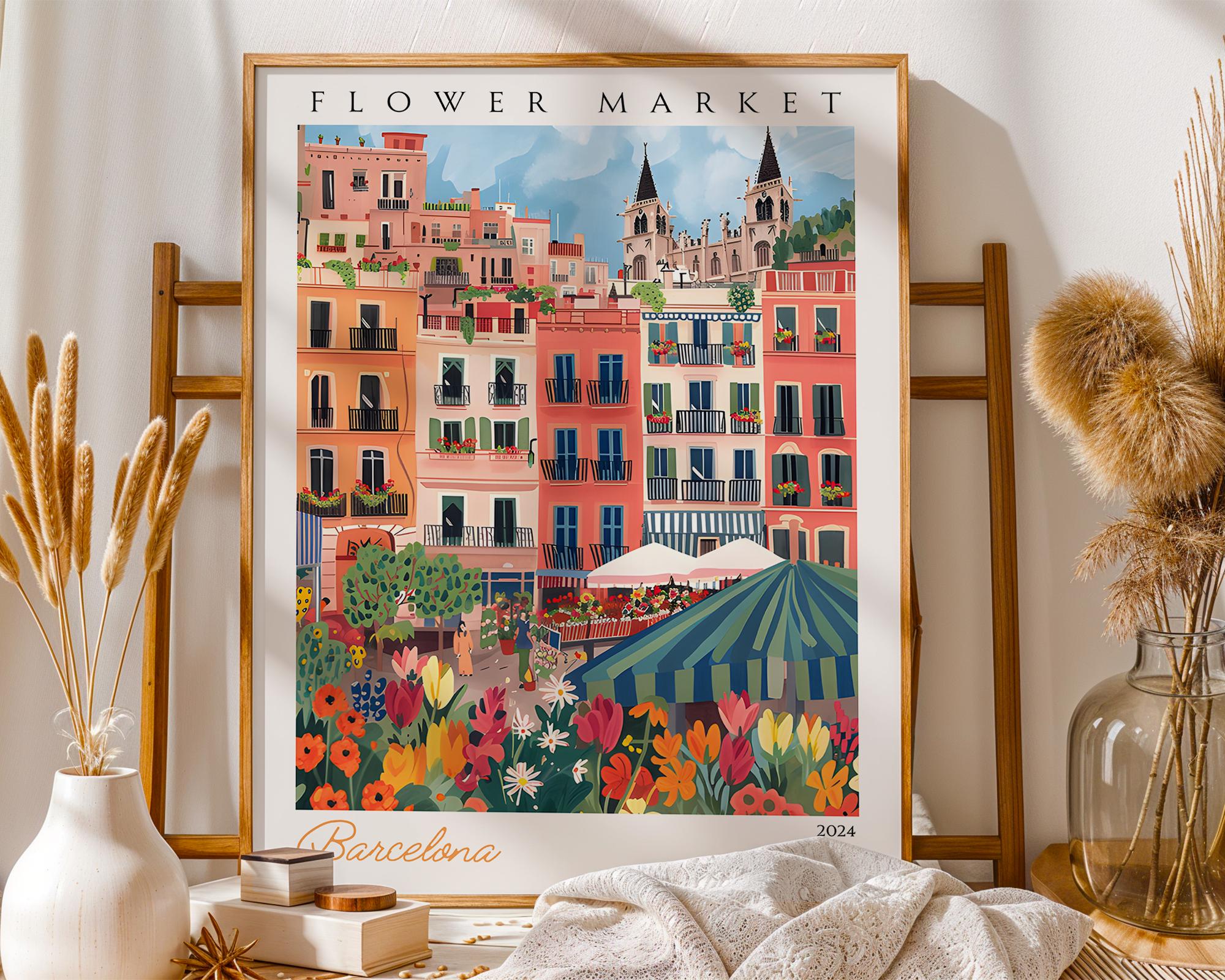 Barcelona Flower Market Print | Vintage Spanish Travel Poster wall art print, modern home decor, unframed artwork by Nomad & Nest